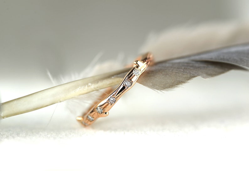 Rose Gold Twig Wedding Band-Diamond Twig Wedding Band 9k / 14k / 18k Rose Gold Hand Made to Order image 1