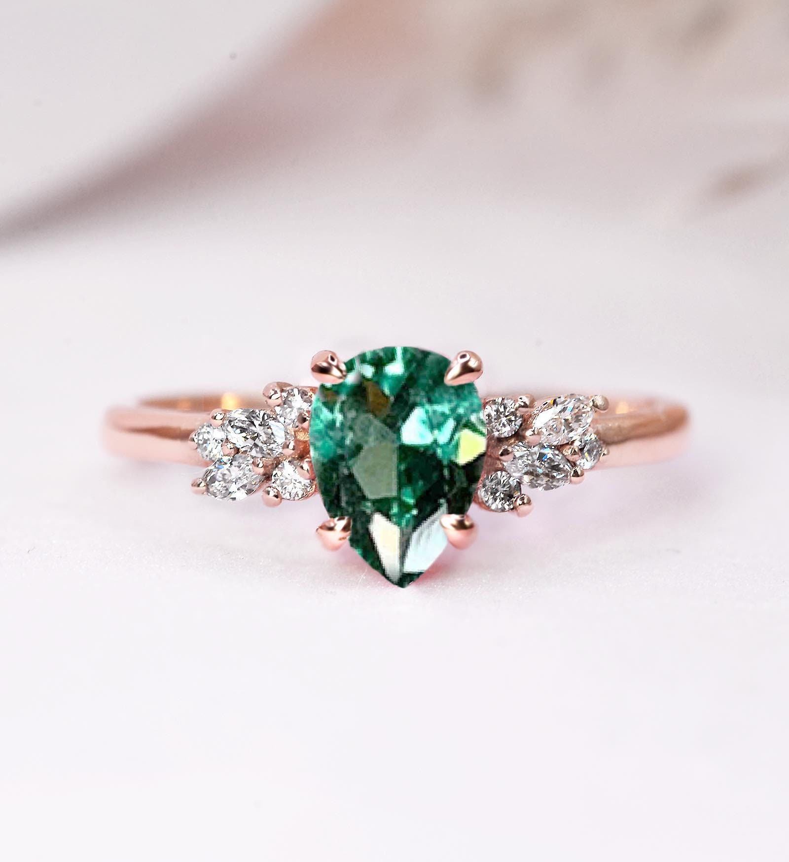 6 X 8mm Pear Green Tourmaline & Diamond Engagement Ring | Wedding, Bridal Anniversary Cluster in Rose Gold For Her