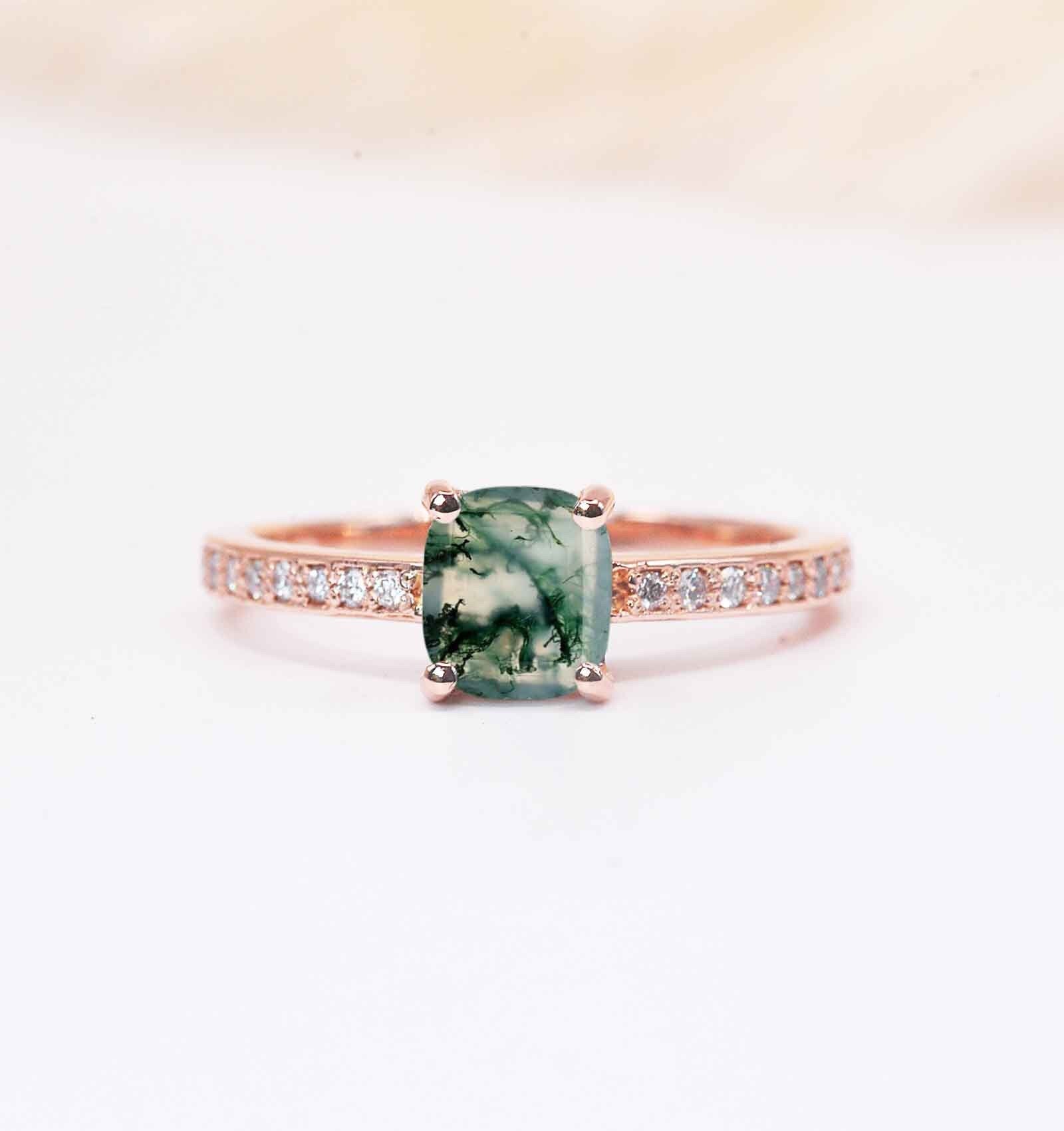 Cushion Cut Moss Agate Diamond Art Deco Ring | 6mm Engagement Stylish Dainty White Anniversary