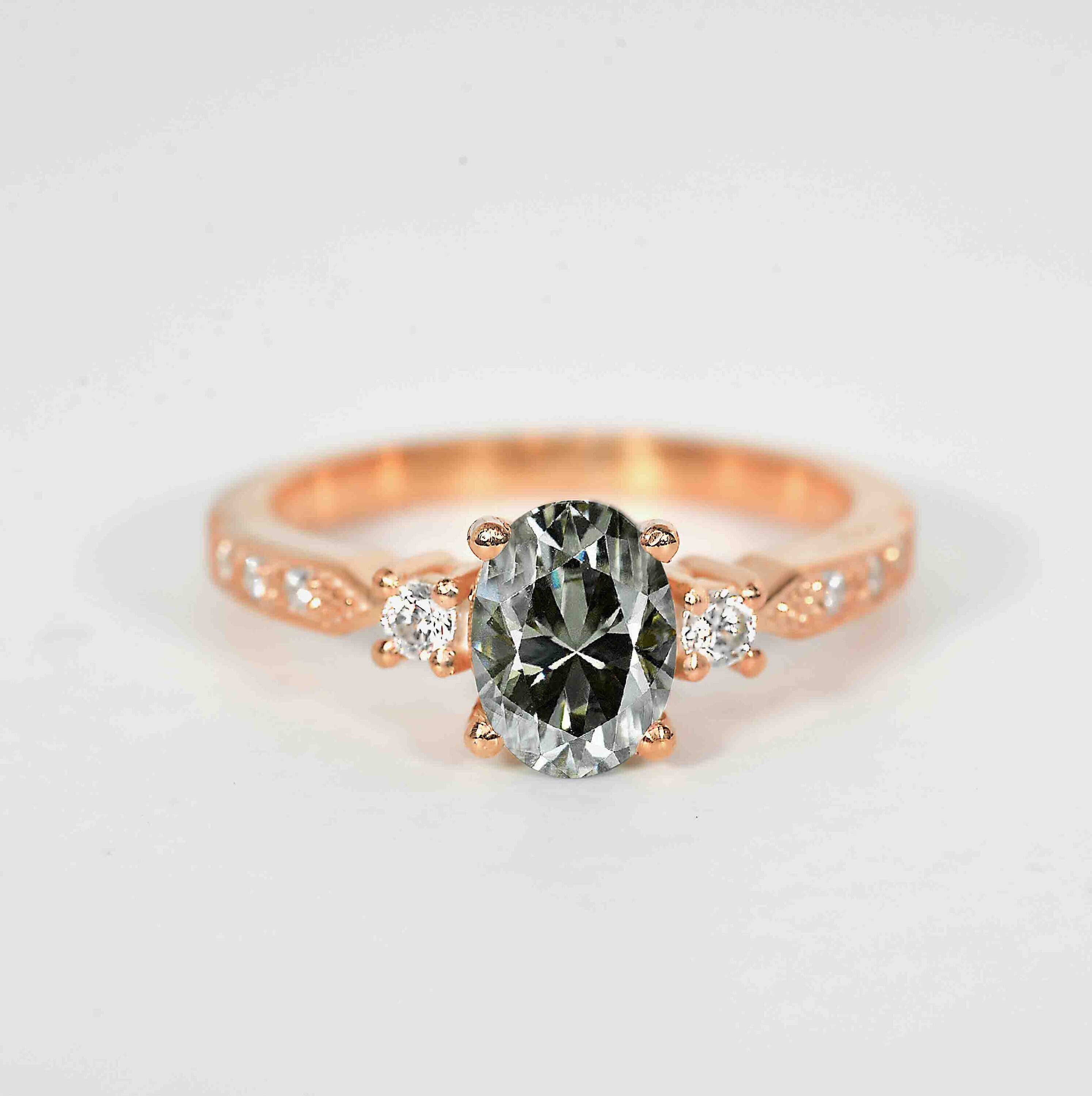 Oval Grey Moissanite Engagement Ring | Round Diamond 9K/14K/18K Rose Gold Ring Anniversary Rustic