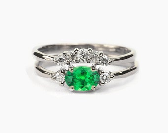 Tsavorite Engagement Ring and Alternative Diamond Wedding Band | Oval Tsavorite Rose Gold Ring | Curved White Gold Wedding Band Set for her