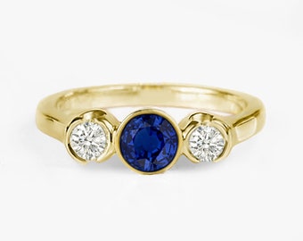 Natural Blue Sapphire and Diamond yellow gold gold Engagement ring-Three stone ring-Promise Ring-Anniversary Ring-Sapphire Engagement Ring