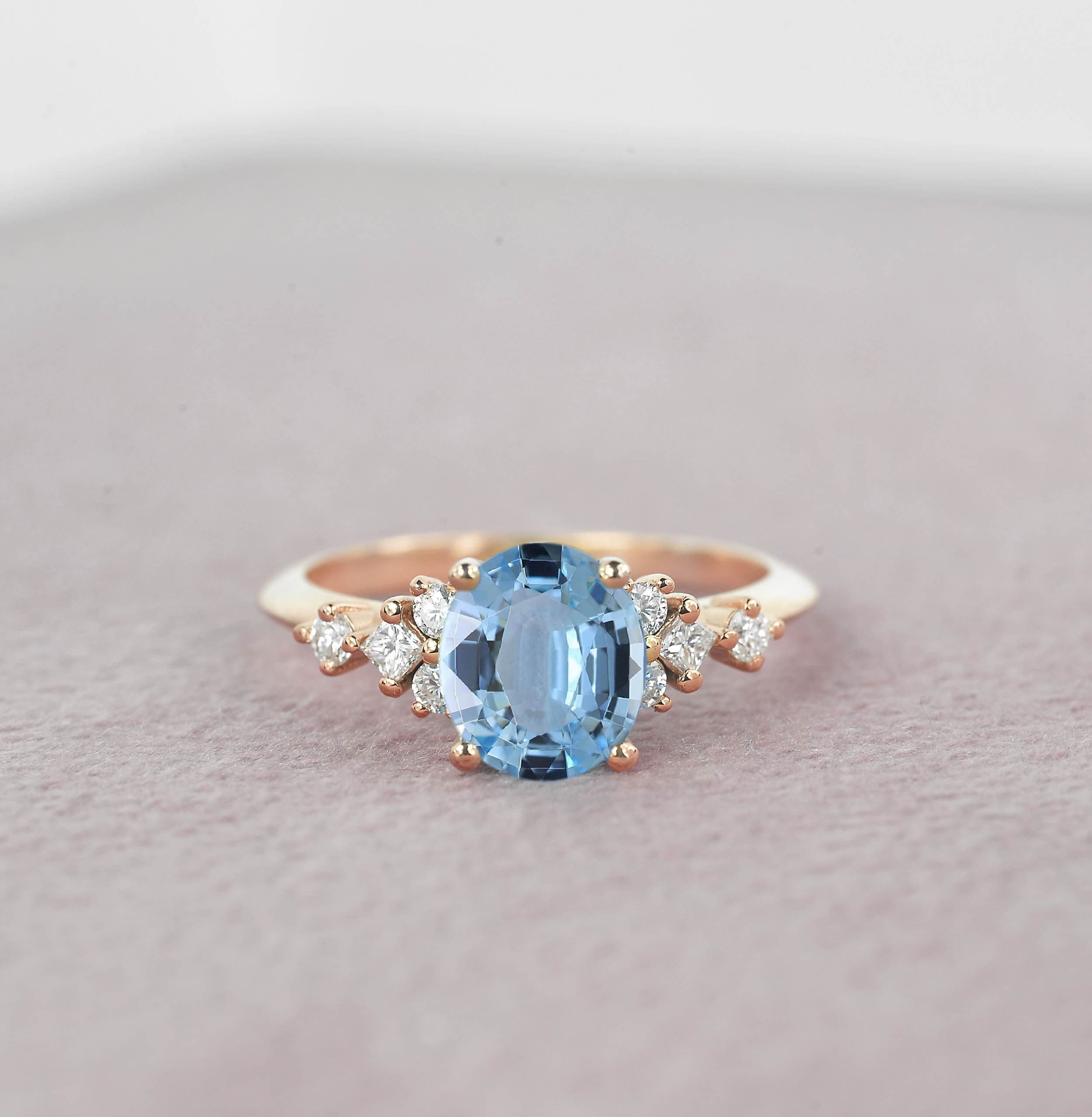 1.65Ct Oval Natural Aquamarine & Diamond Engagement Ring | Anniversary Princess Rose Gold