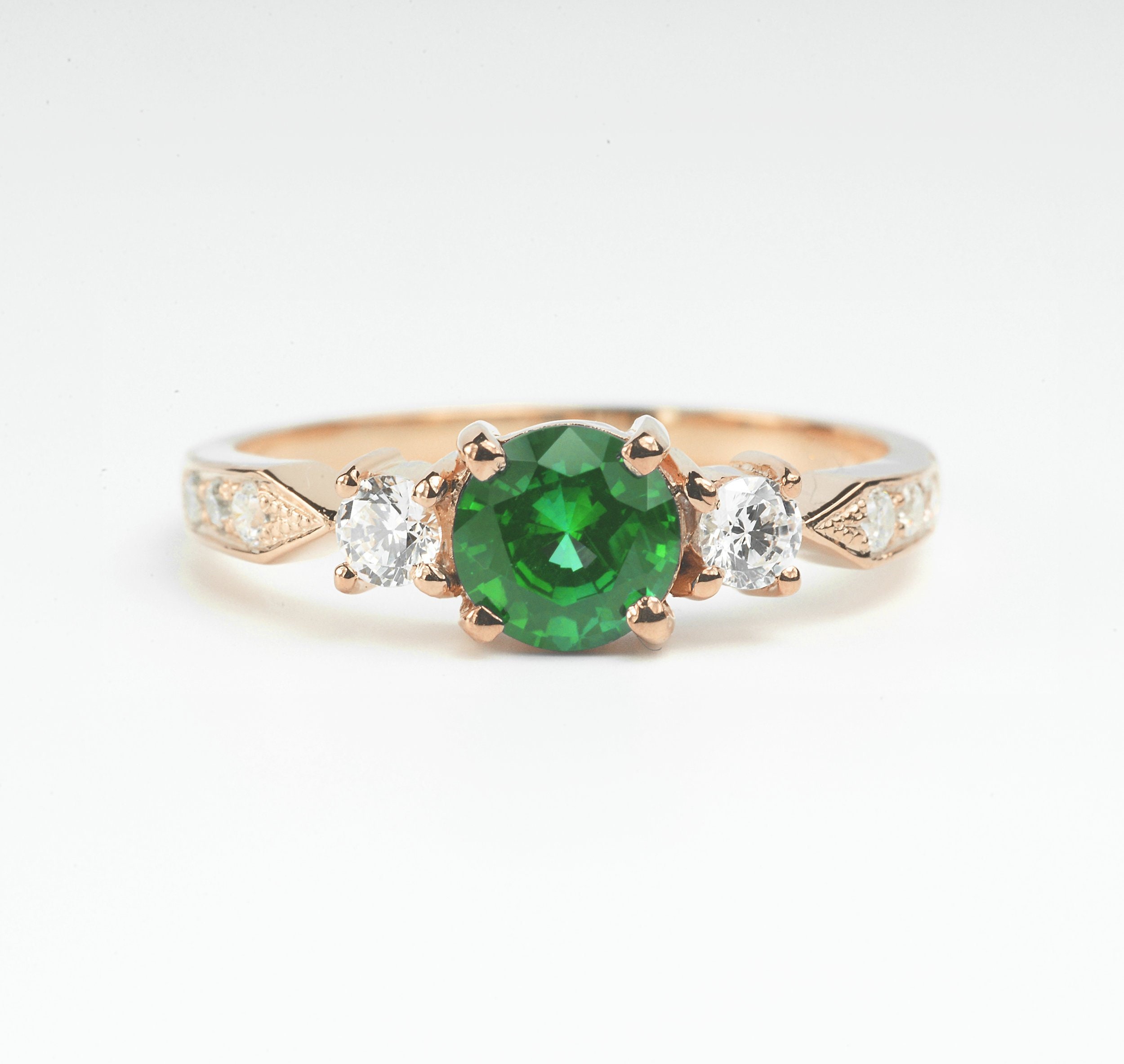 Natural Emerald & Diamond Rose Gold Engagement Ring-Three Stone Ring-Promise Ring-Anniversary Ring-Emerald Ring