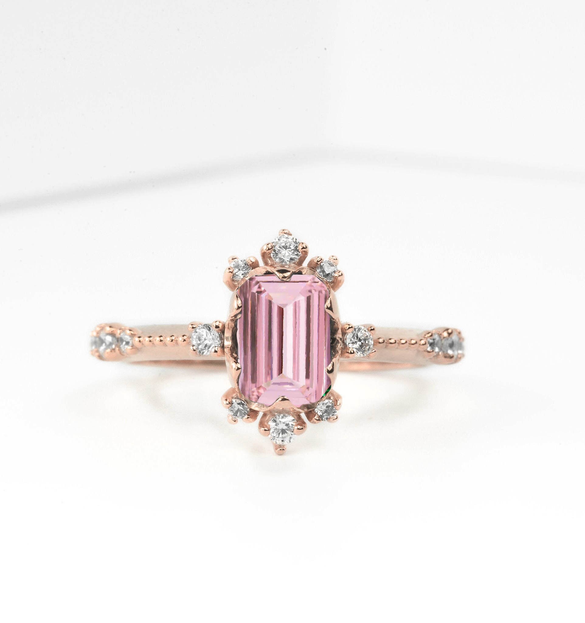 Emerald Cut 1.5Ct Natural Light Pink Sapphire Engagement Ring | 14K, 18K Gold Genuine Diamond Bespoke Rose