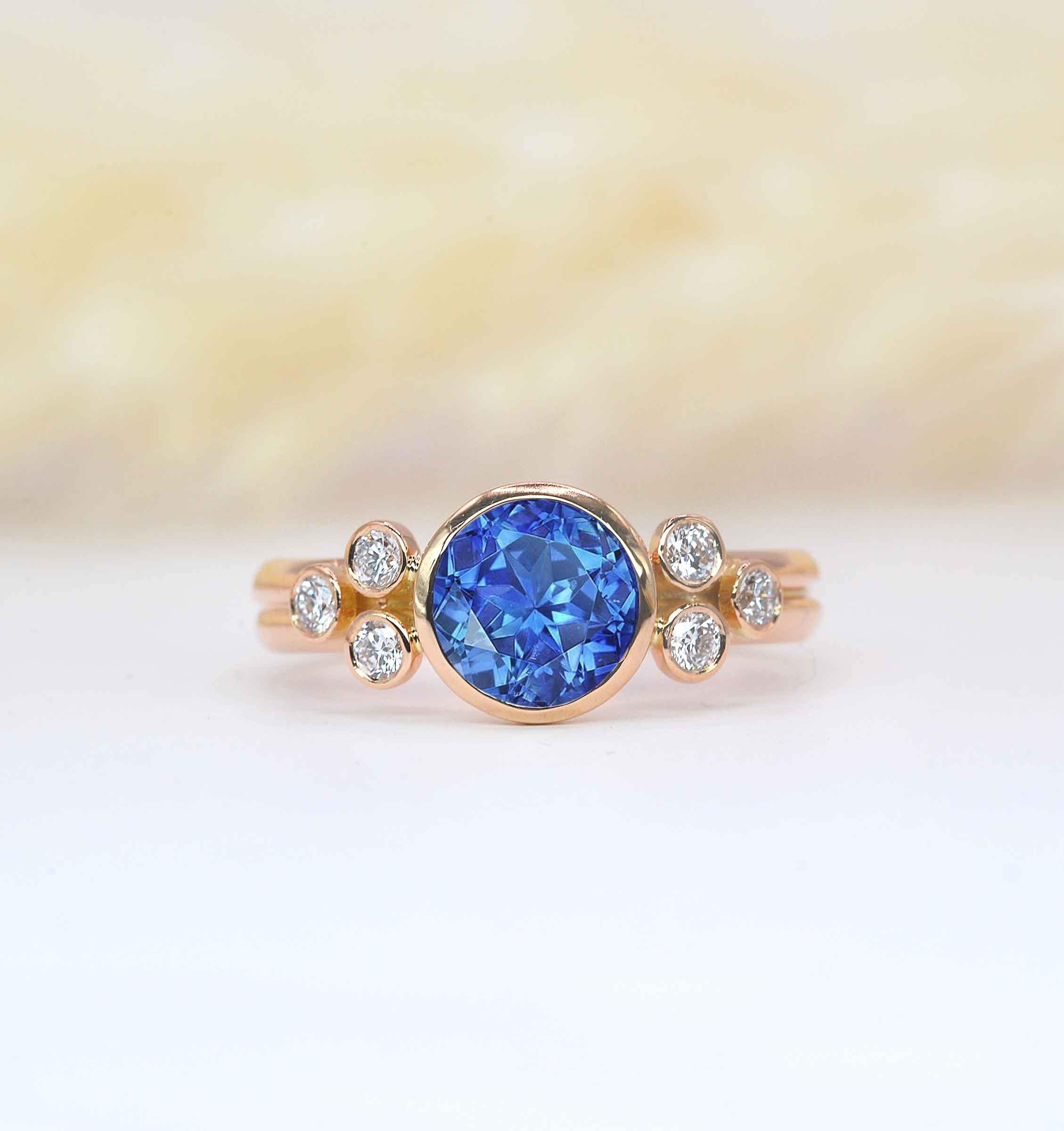 Blue Sapphire Featuring Diamond Cluster Ring | Art Deco Vintage Anniversary, Engagement, Birthday Gift For Love