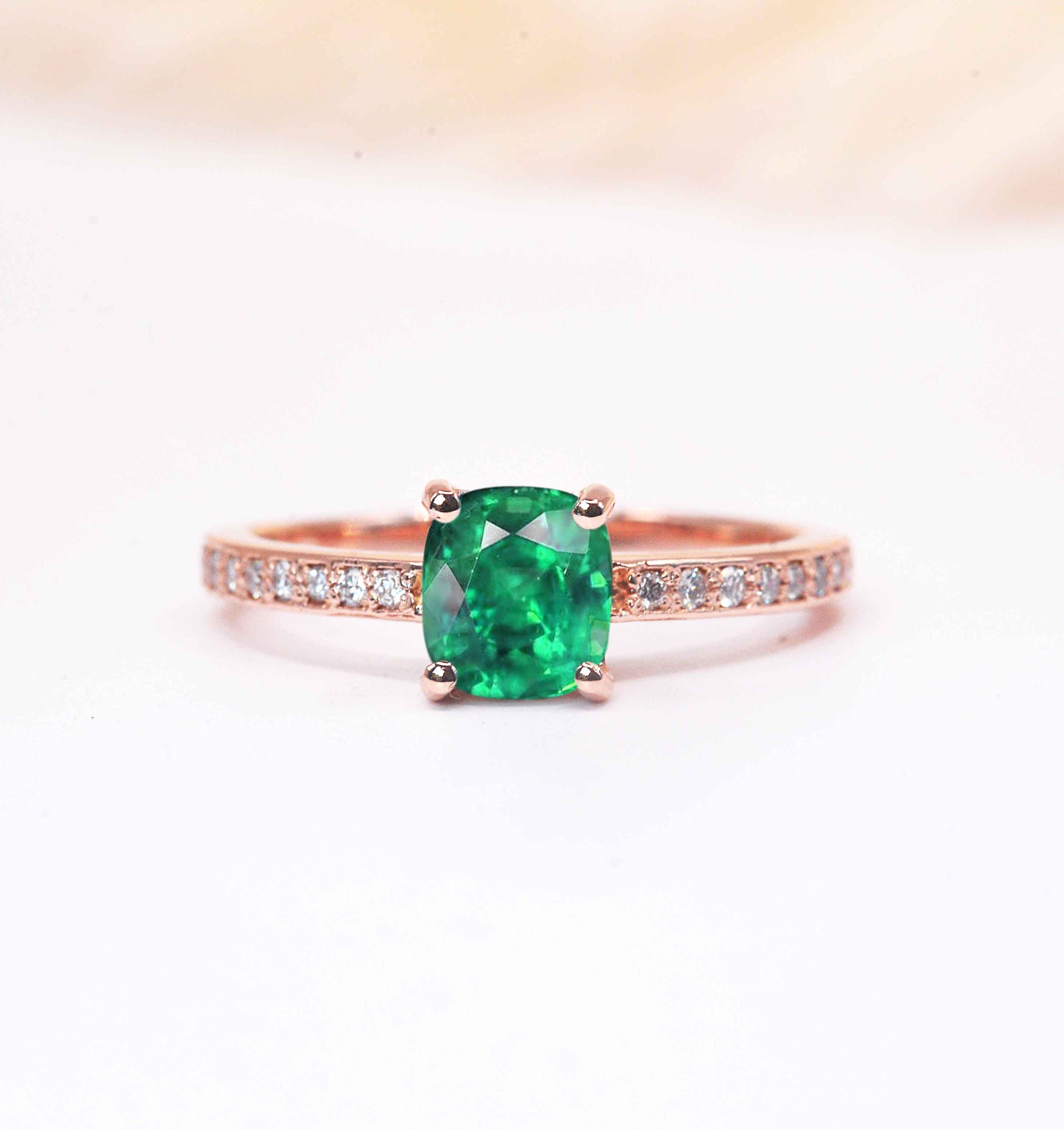 Emerald & Diamond Art Deco Ring | 6mm Cushion Cut Emerald Engagement Stylish White Anniversary