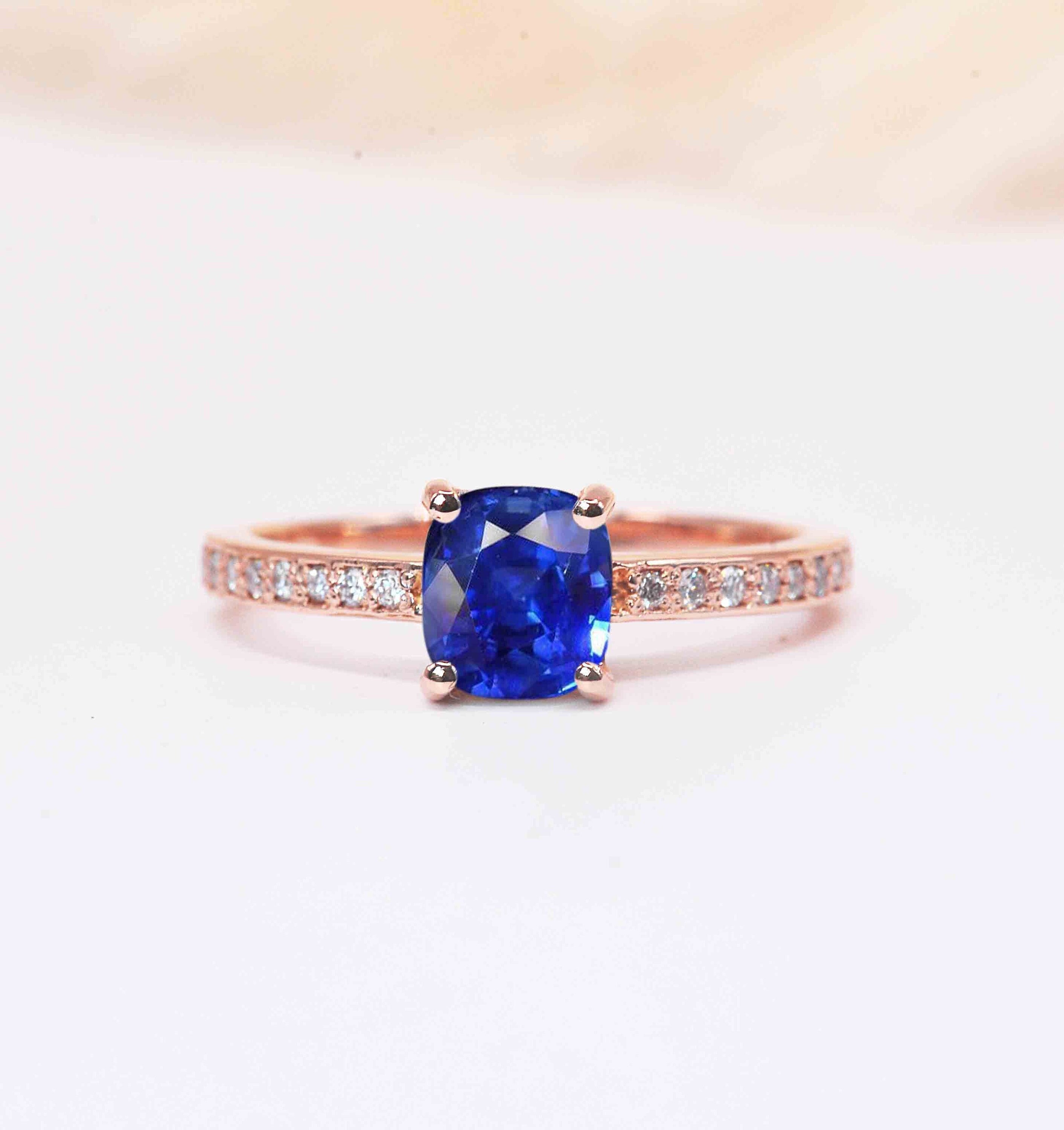 Cushion Cut Blue Sapphire Diamond Art Deco Ring | 6mm Engagement Stylish Dainty White Anniversary