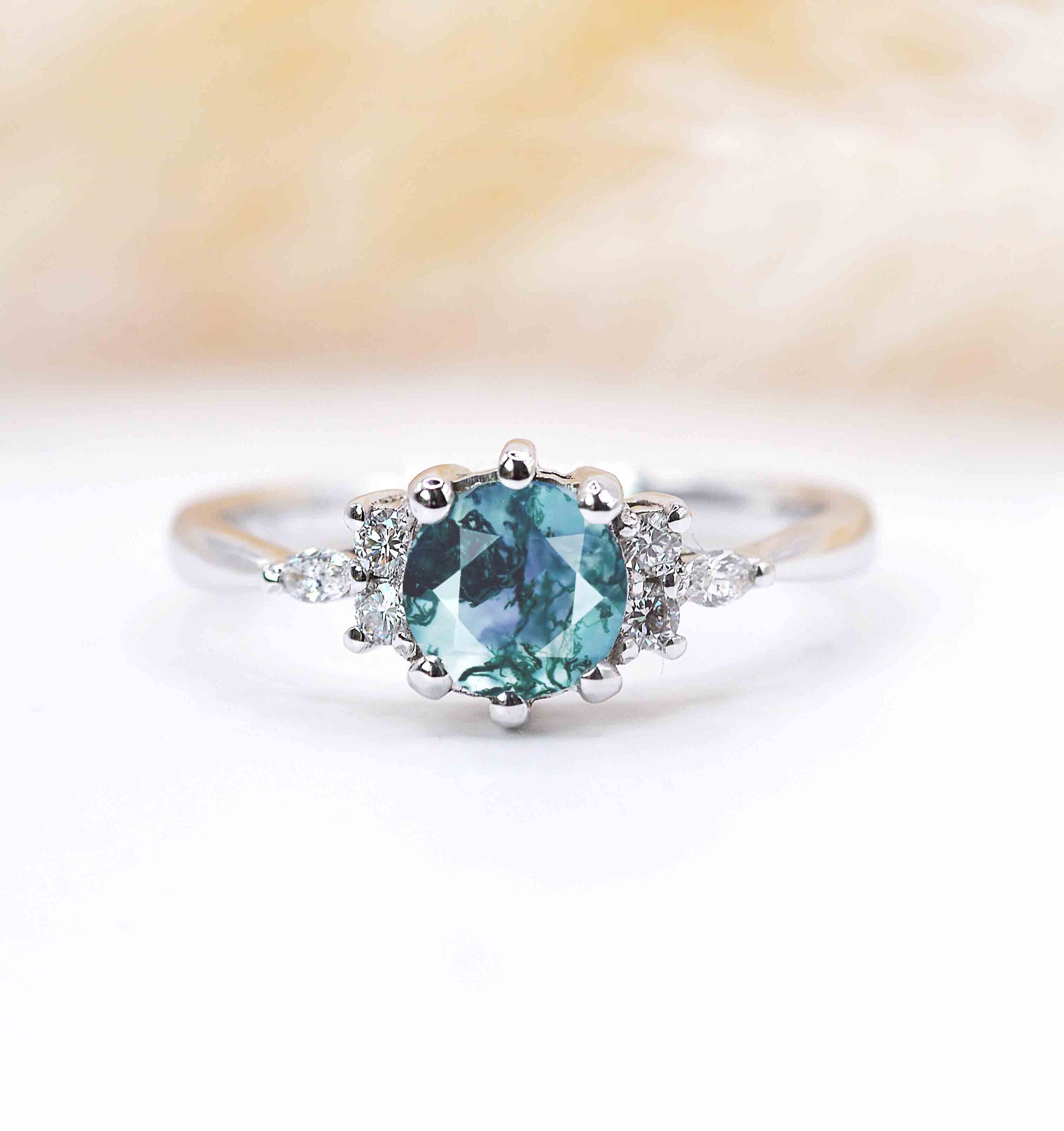 Natural Moss Agate & Diamond Ring | Featuring Art Deco Solid White Gold Celebrity Vintage Stylish