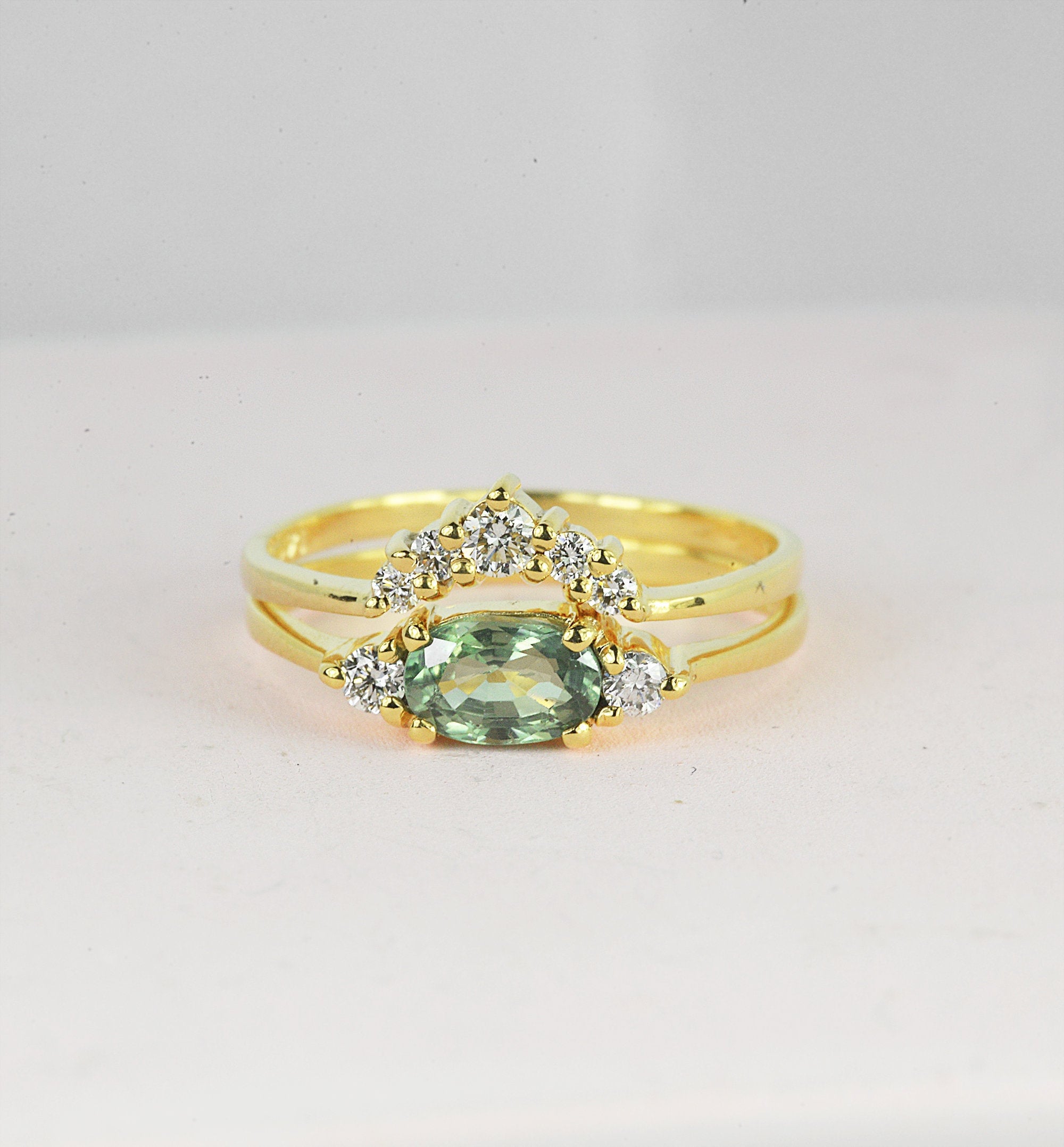 Green Sapphire Engagement Ring Montana Diamond Alternative Wedding Band-Diamond Curved