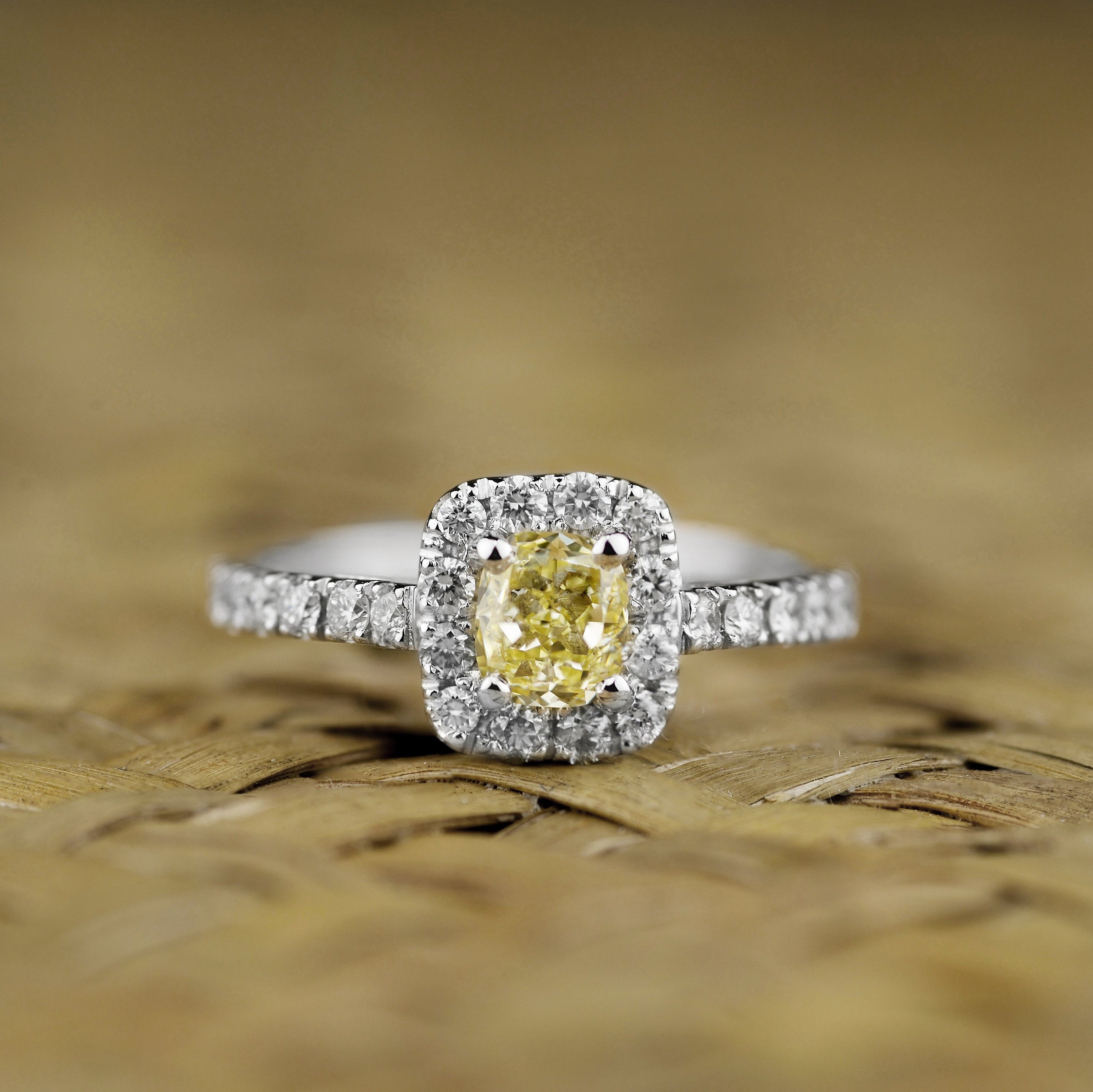 Fancy Color Diamond Engagement Ring-Yellow Ring-Cushion Cut Halo Ring Platinum-Made To Order