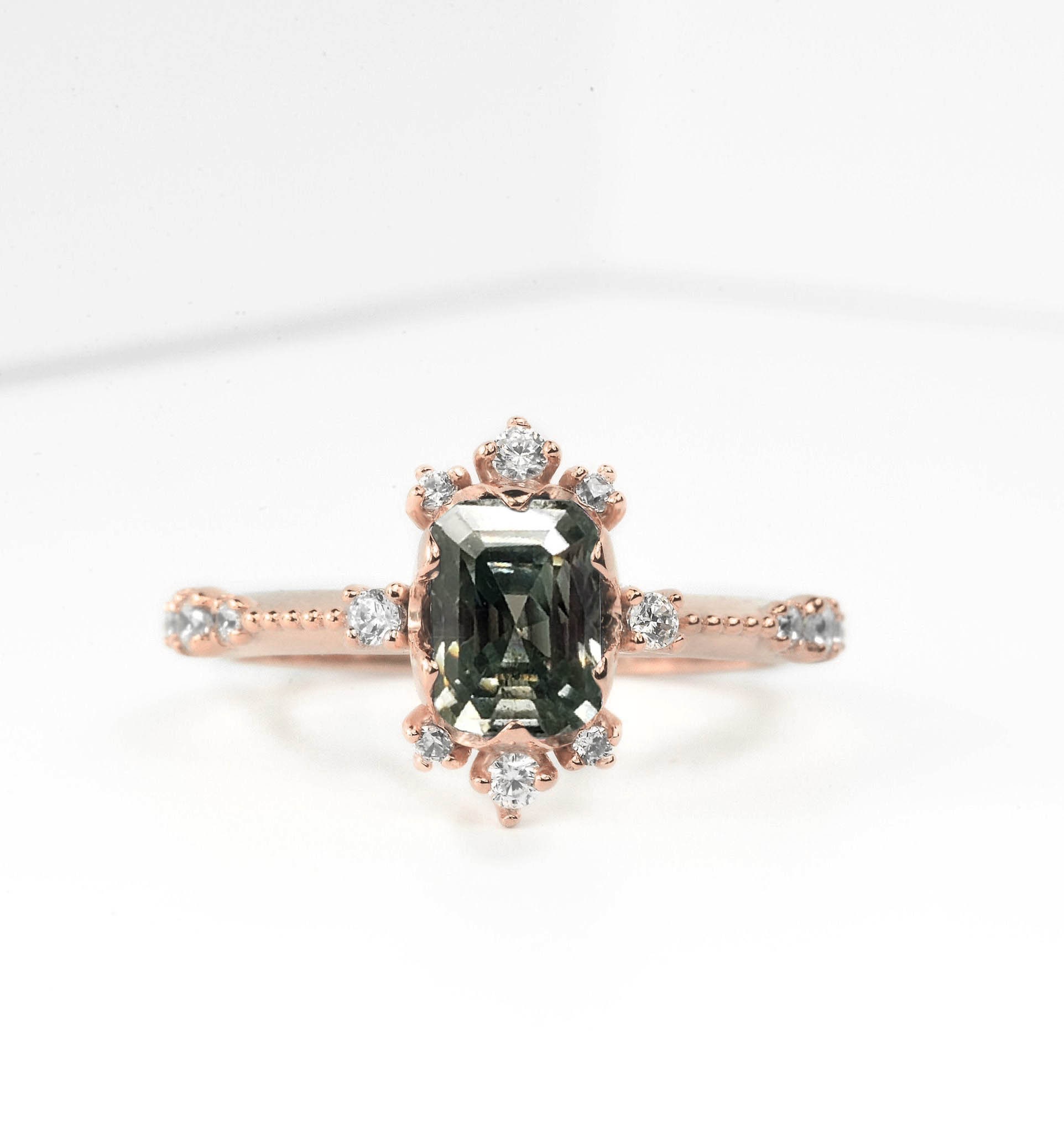 Emerald Cut 1.5Ct Natural Grey Moissanite Engagement Ring | 14K, 18K Gold Genuine Diamond Bespoke Rose