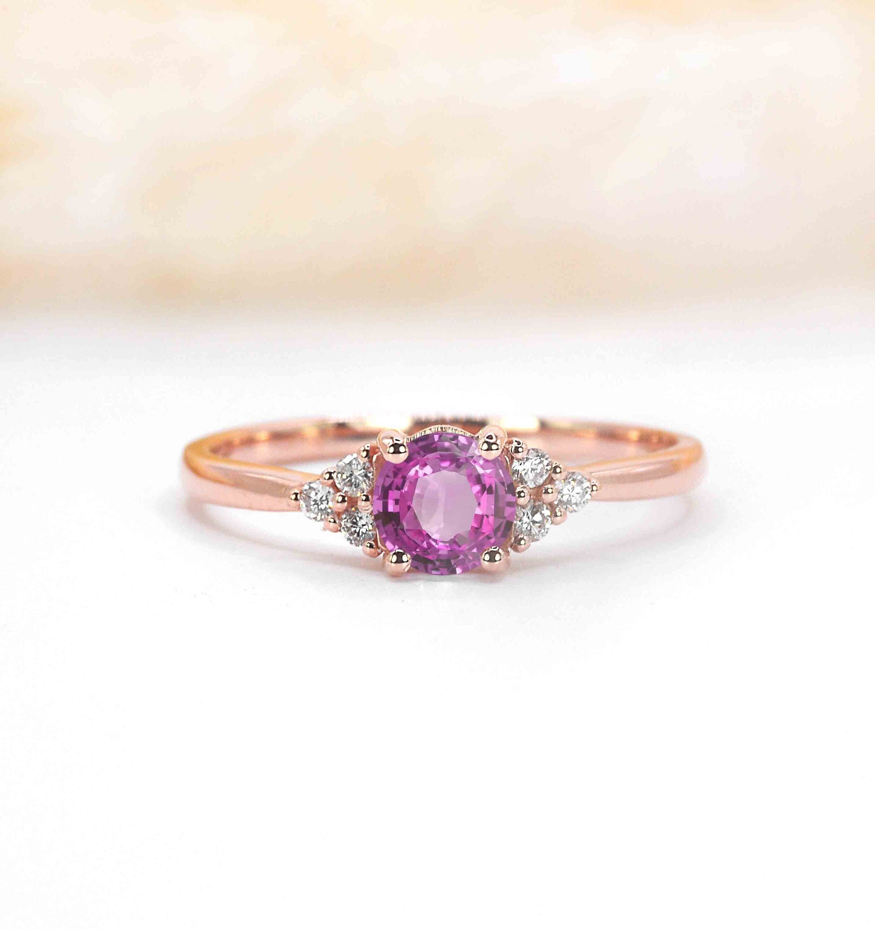 Natural Pink Sapphire Ring | Art Deco & Diamond Wedding, Engagement Solid Rose, Yellow, White Gold Or Platinum