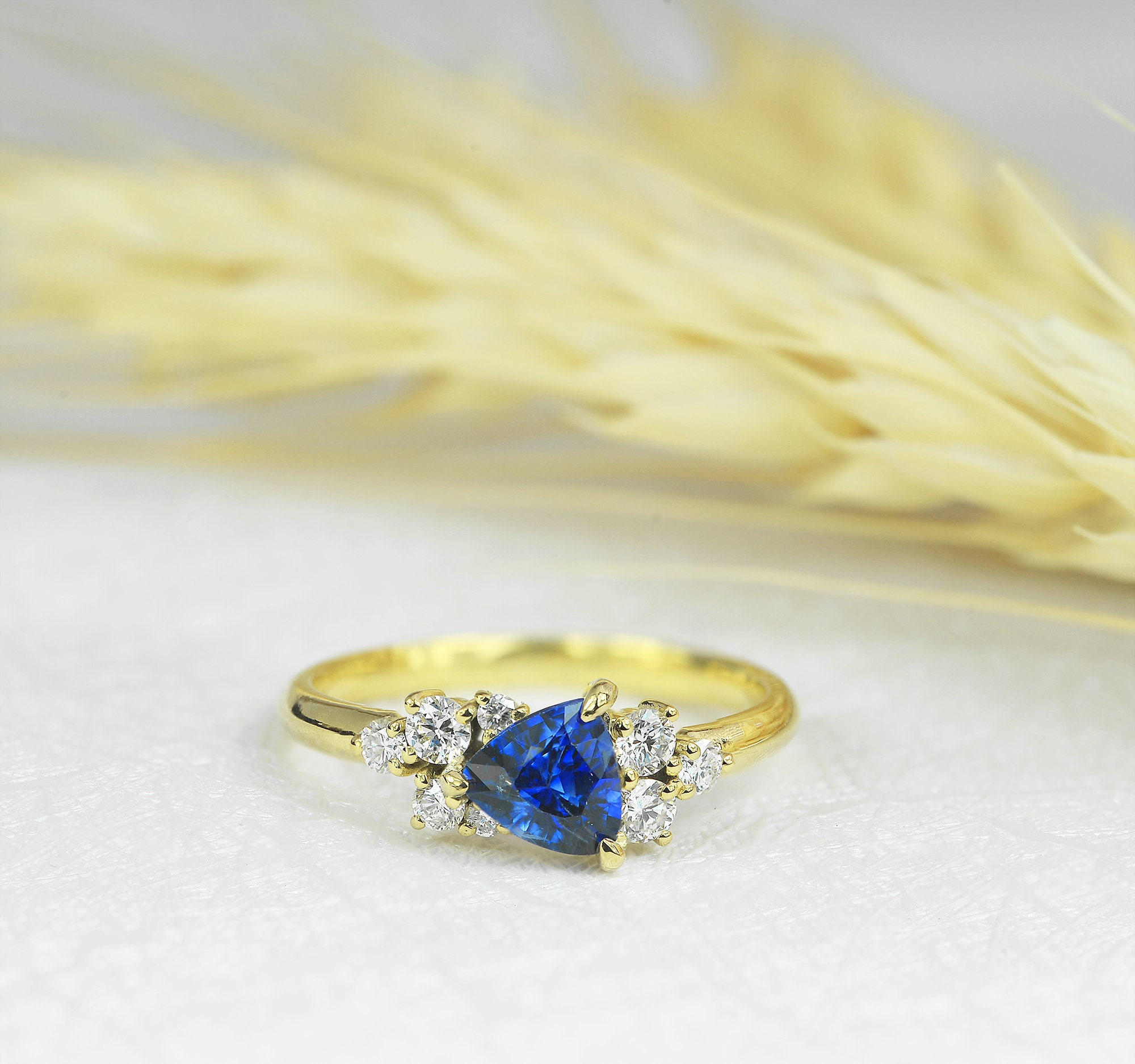Blue Sapphire Ring. Trillion Blue Sapphire Rose Gold Engagement Violet Minimalist Ring