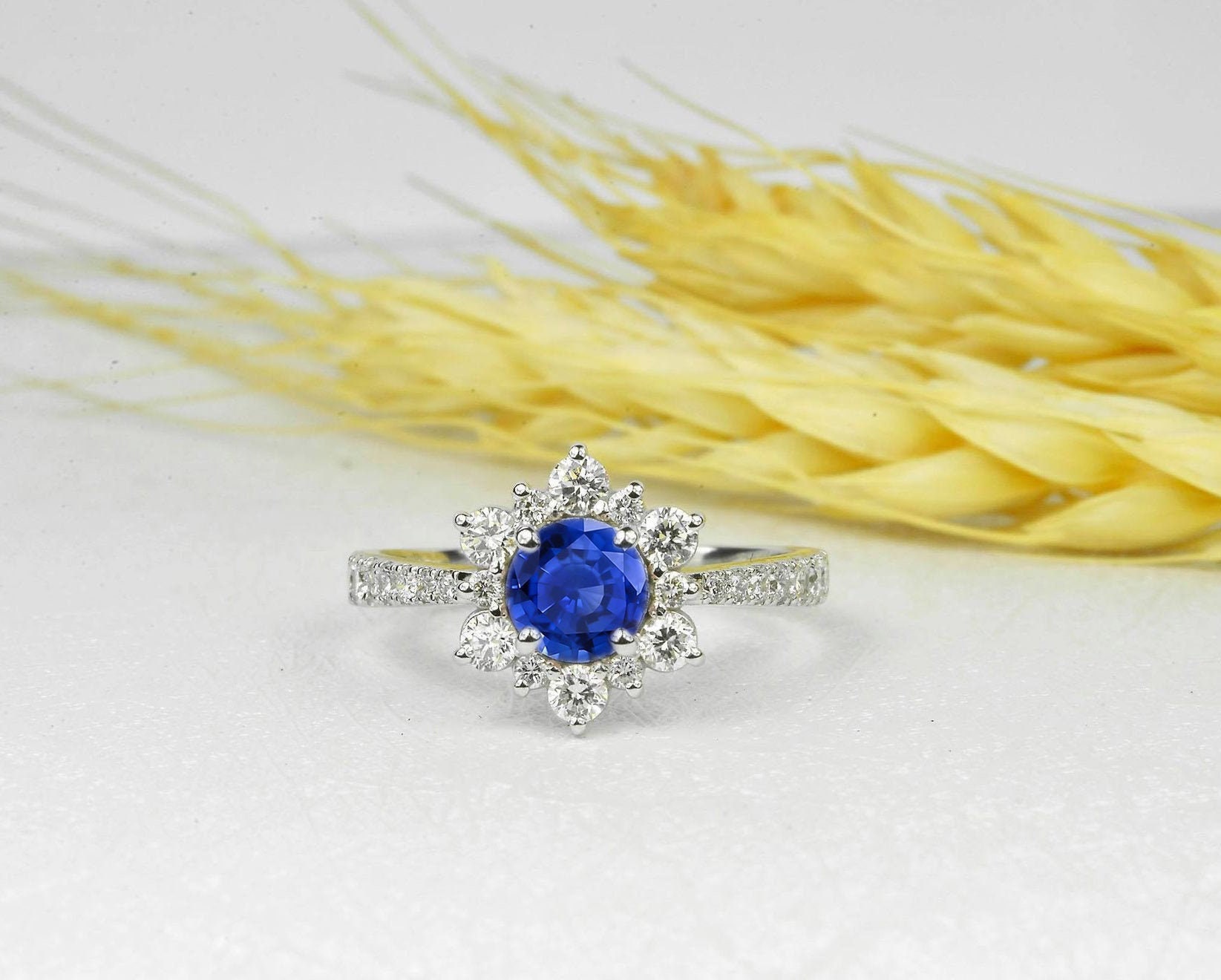 Blue Sapphire Engagement Ring | Medium & Diamond Cluster White Gold Vintage Ring Halo Anniversary Unique Bridal