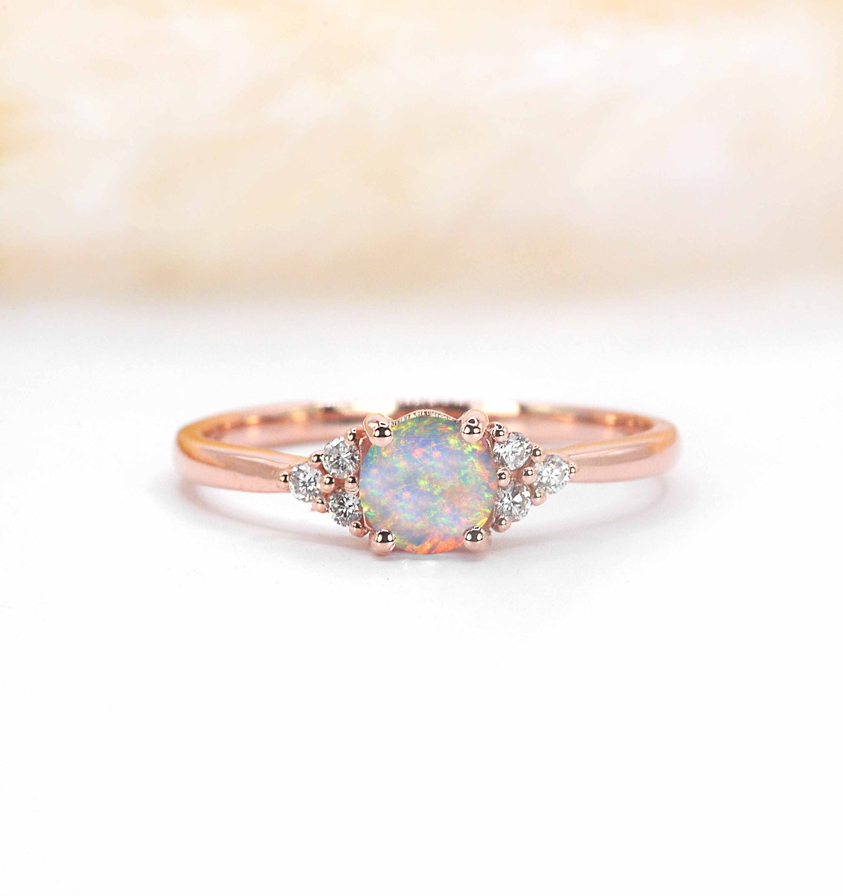 Natural Round White Opal Engagement Ring | Art Deco & Diamond Solid Rose, Yellow, Gold Or Platinum Handmade