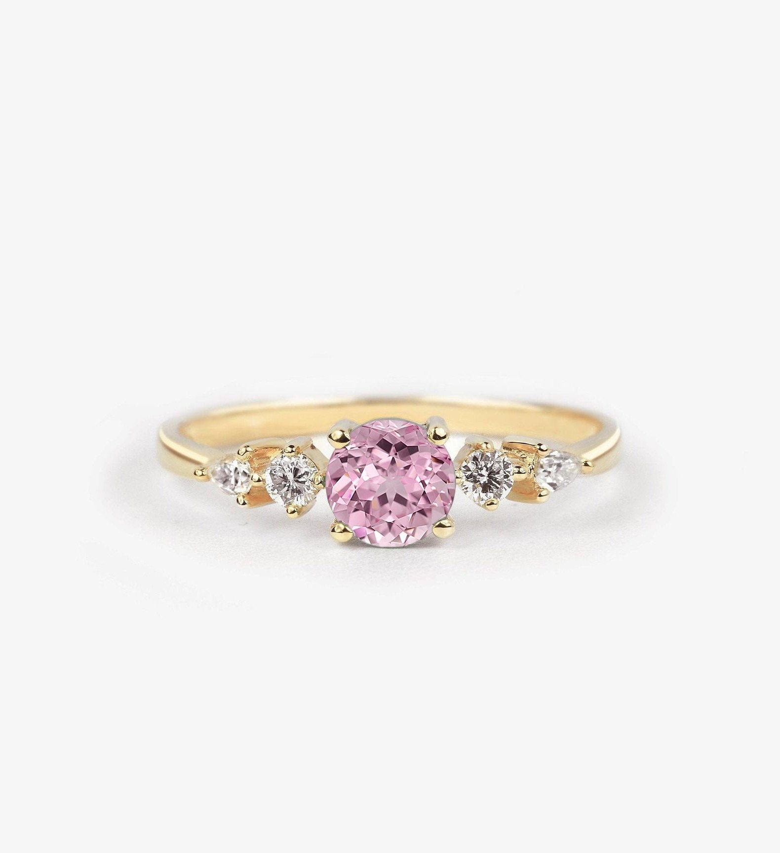 Light Pink Sapphire Engagement Ring | Pear & Round Shaped Diamond Multi-Stone Art Deco Style Vintage Inspired Promise For Her
