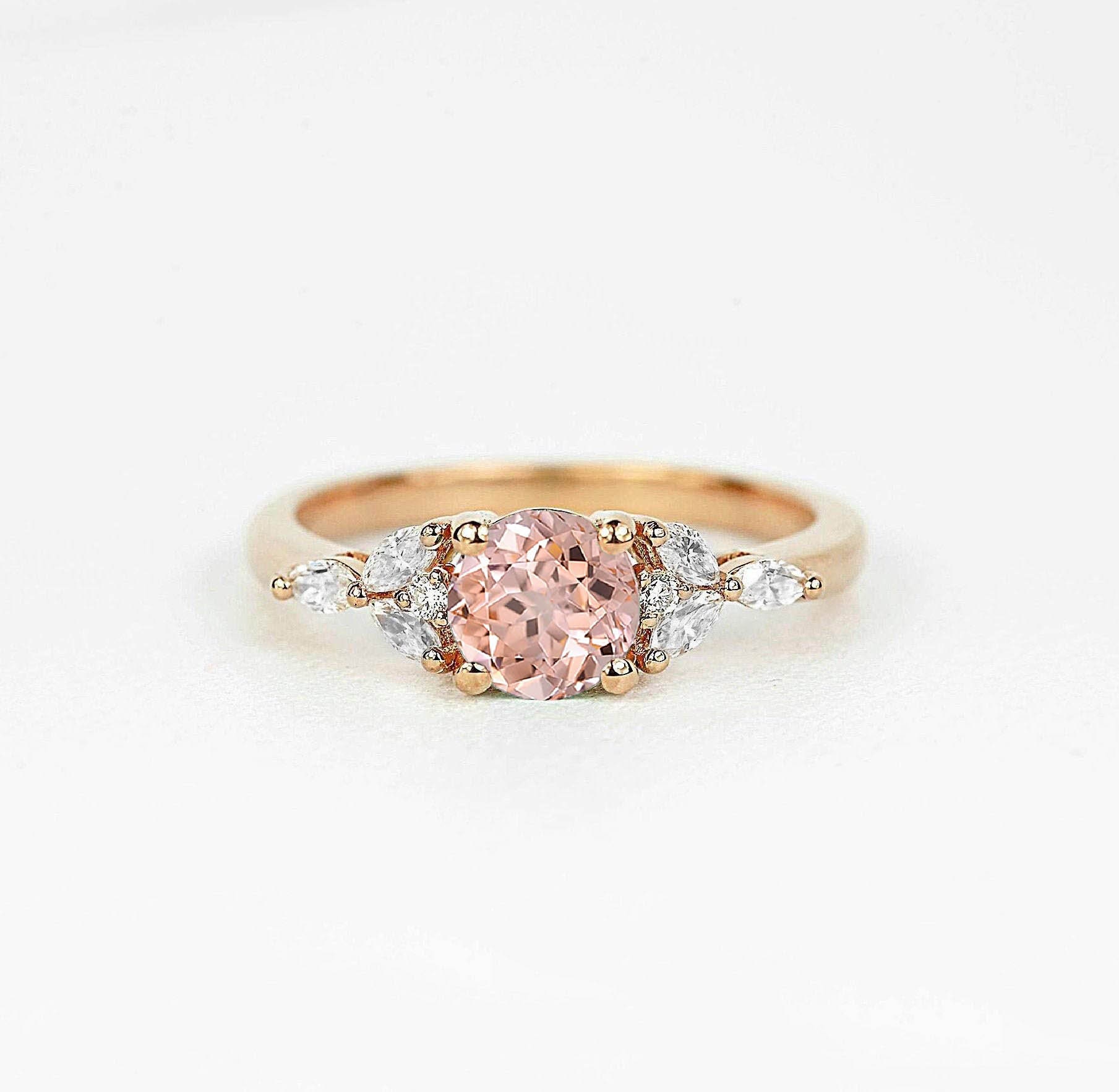 6mm Round Natural Morganite & Marquise Diamond Engagement Ring | Dainty Bridal Promise Art Deco Bespoke For Her