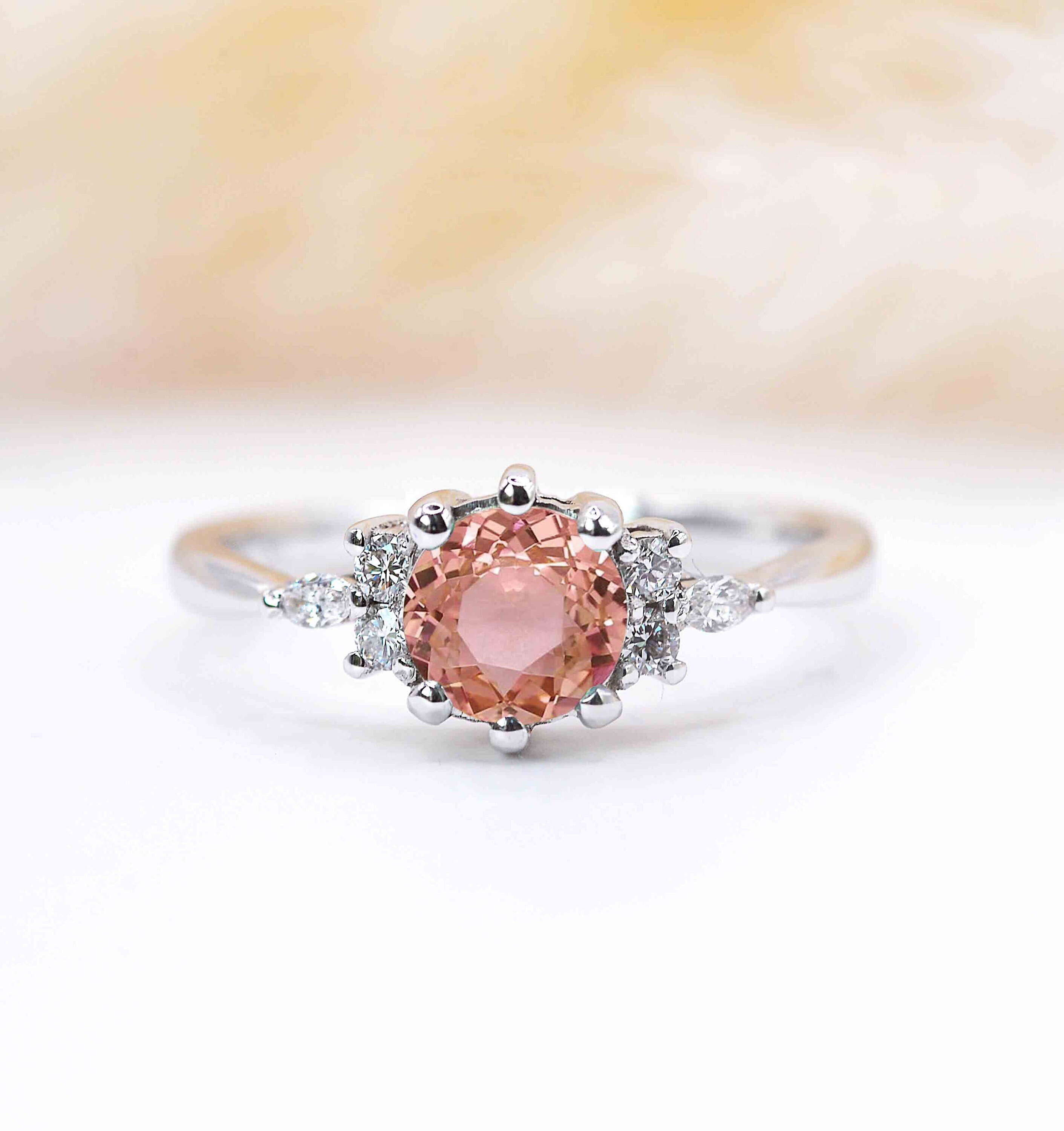 Morganite & Diamond Delicate Ring | Natural Morganite Featuring Art Deco Solid White Gold Celebrity Vintage Stylish