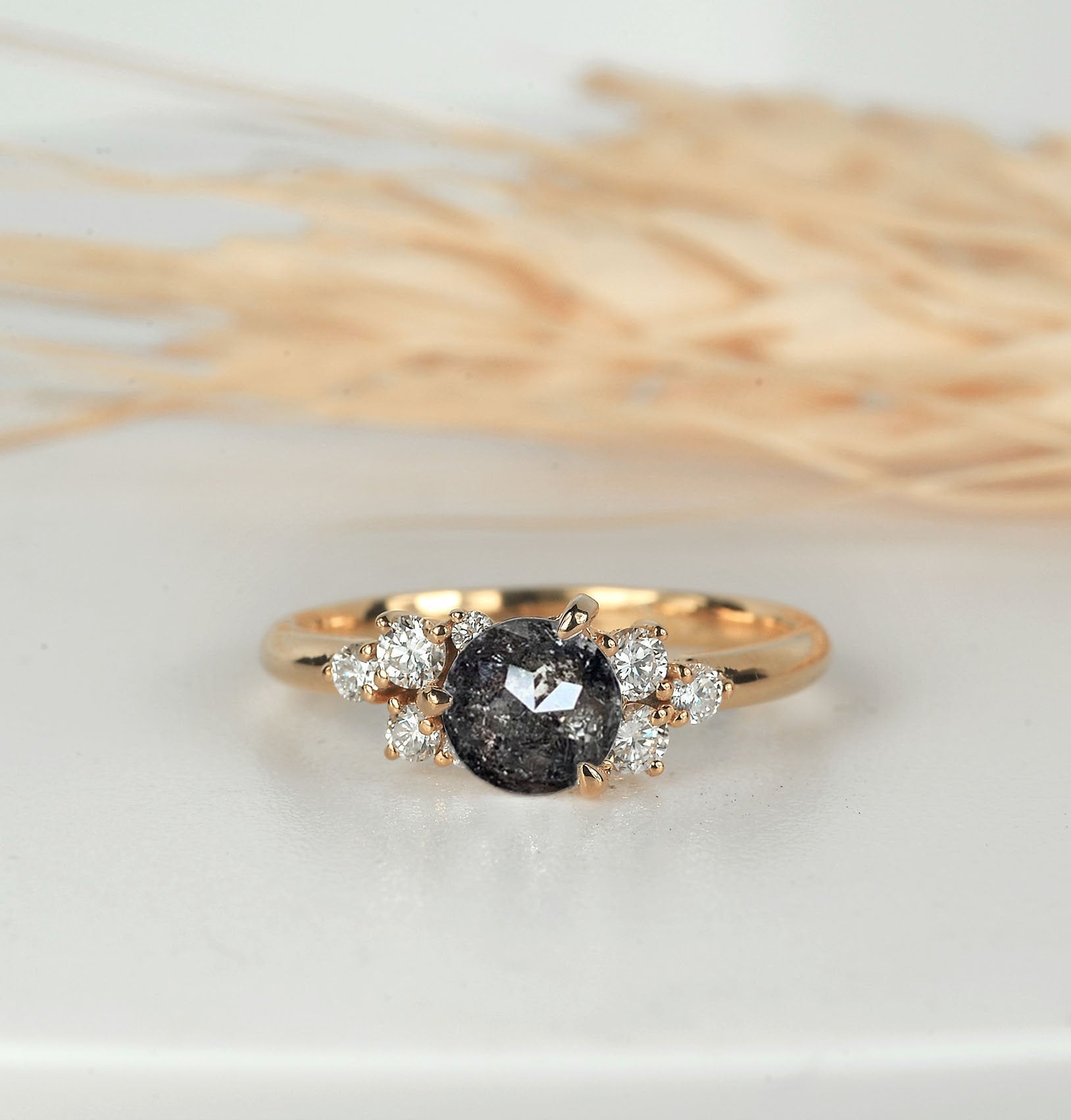 Salt & Pepper Diamond Engagement Ring | Natural Rose Gold Vintage Anniversary Unique Bridal For Her