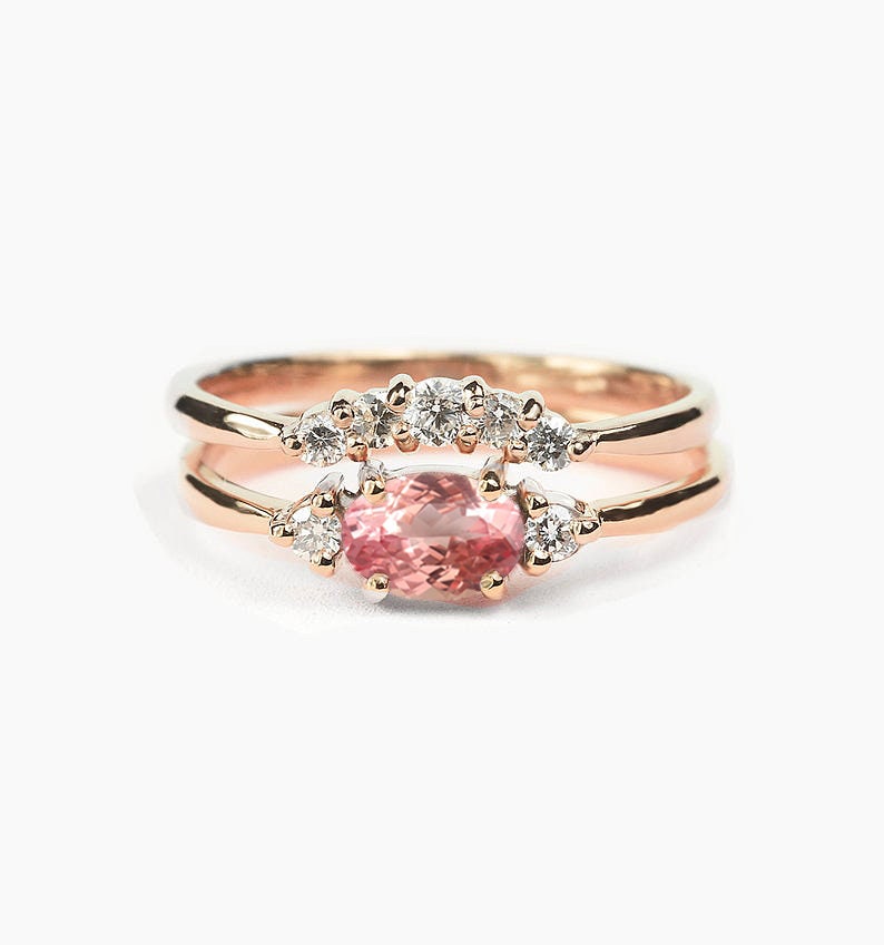 Peach Sapphire Engagement Ring & Alternative Diamond Wedding Band | Oval Rose Gold Curved Set For Her