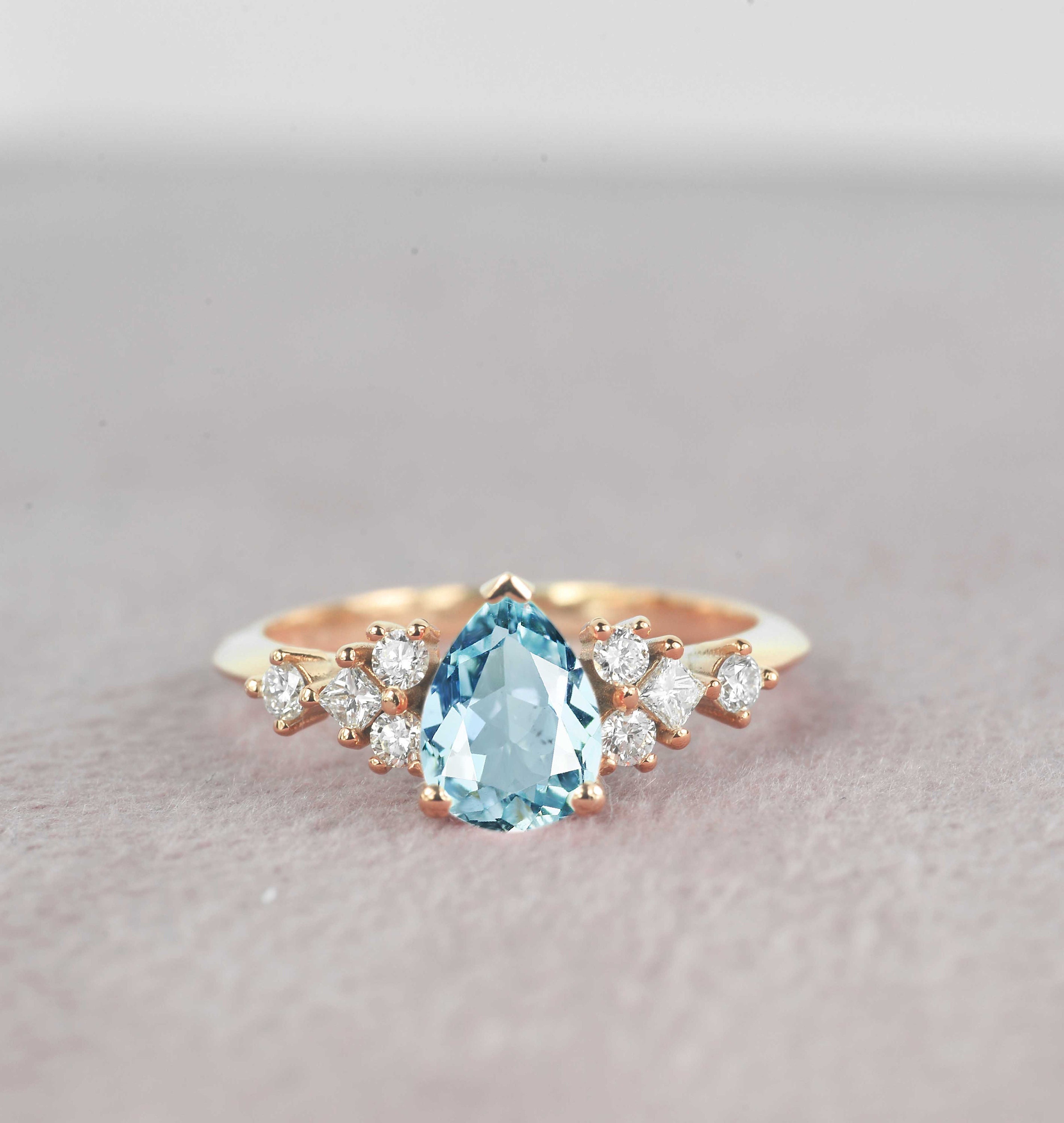 1.52Ct Pear Aquamarine Engagement Ring | Bridal Anniversary Princess Cut Diamond Fitted Rose Gold For Her