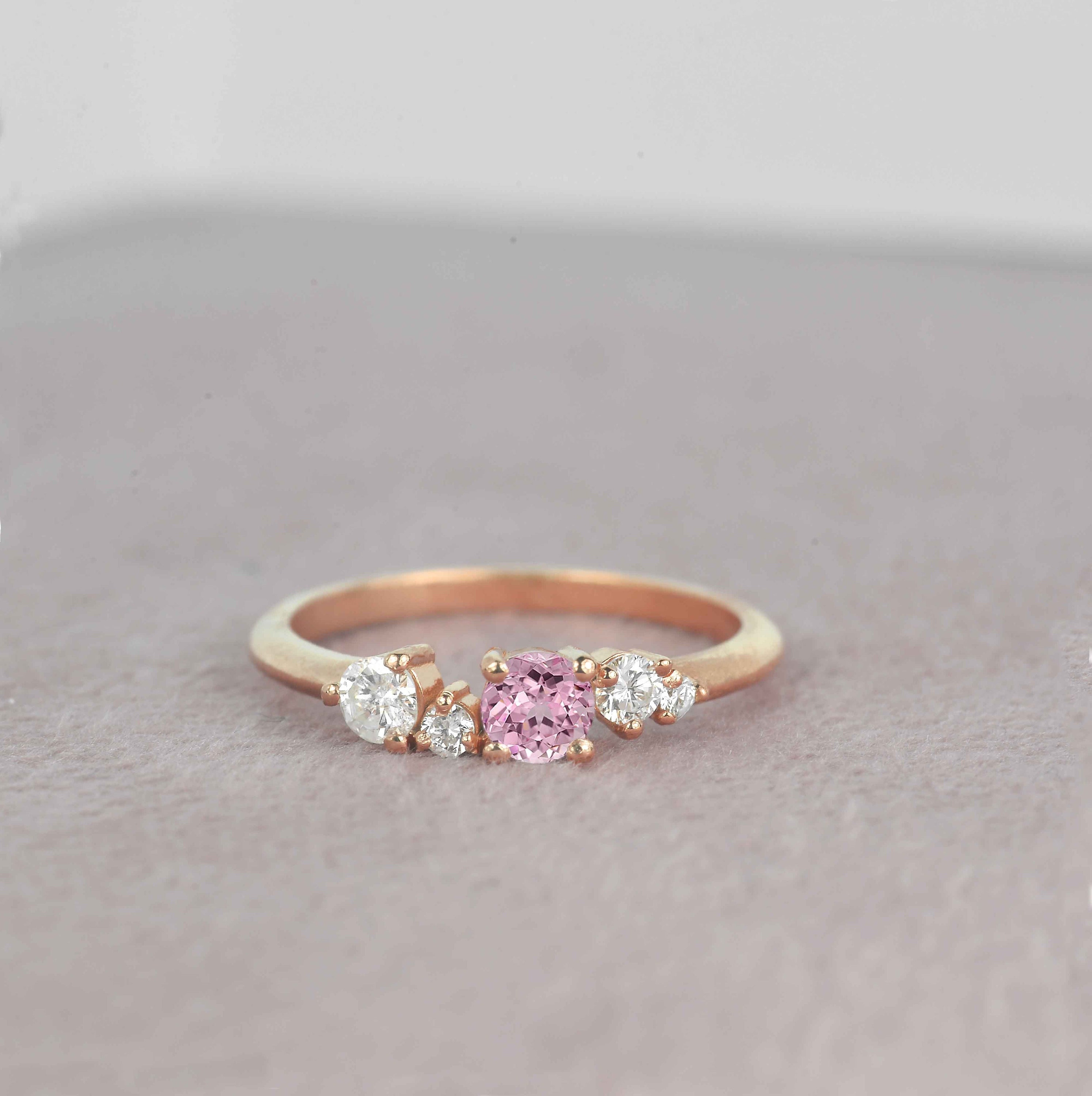 Round 4mm Light Pink Sapphire Engagement Ring | Diamond Wedding & Vintage 9K/14K/18K Rose Gold, Platinum