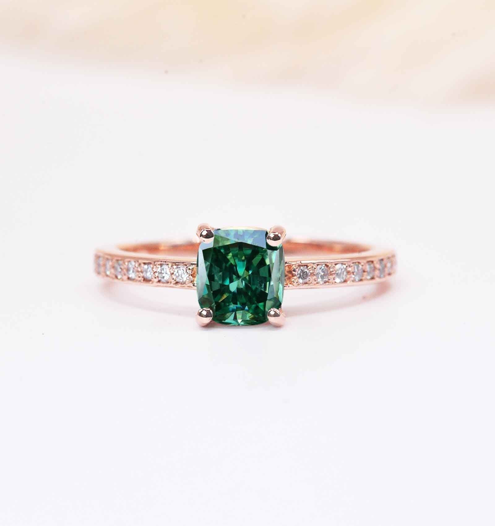 Radiant Cut Mint Green Tourmaline Diamond Art Deco Ring | 6mm Engagement Stylish Dainty White Anniversary