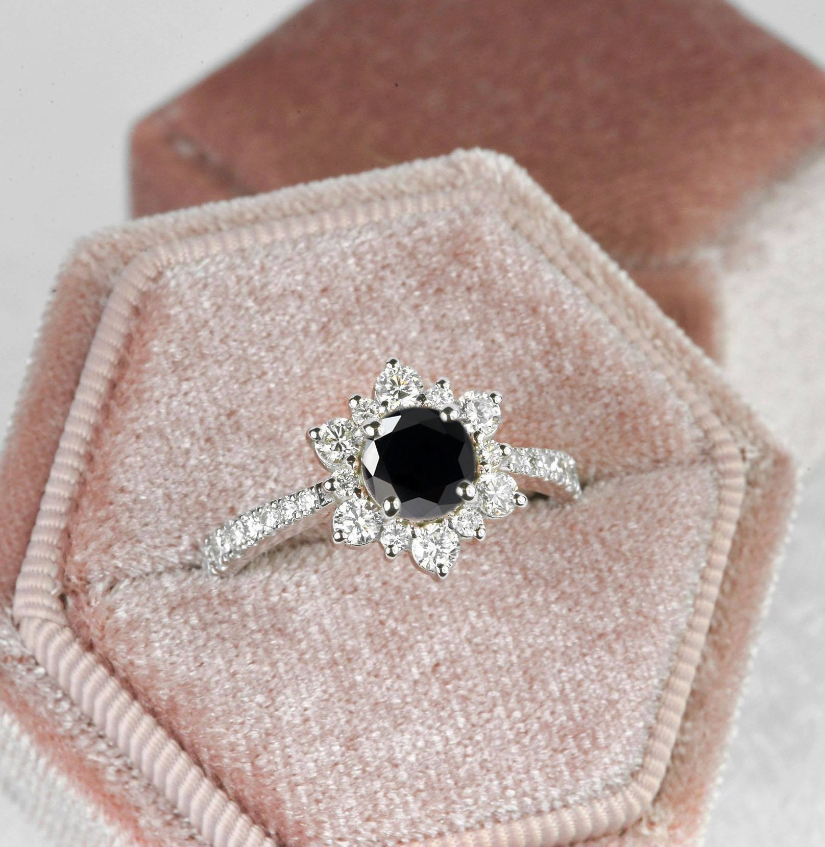 Black Diamond Engagement Ring | & White Cluster Gold Vintage Ring Halo Anniversary Unique Bridal