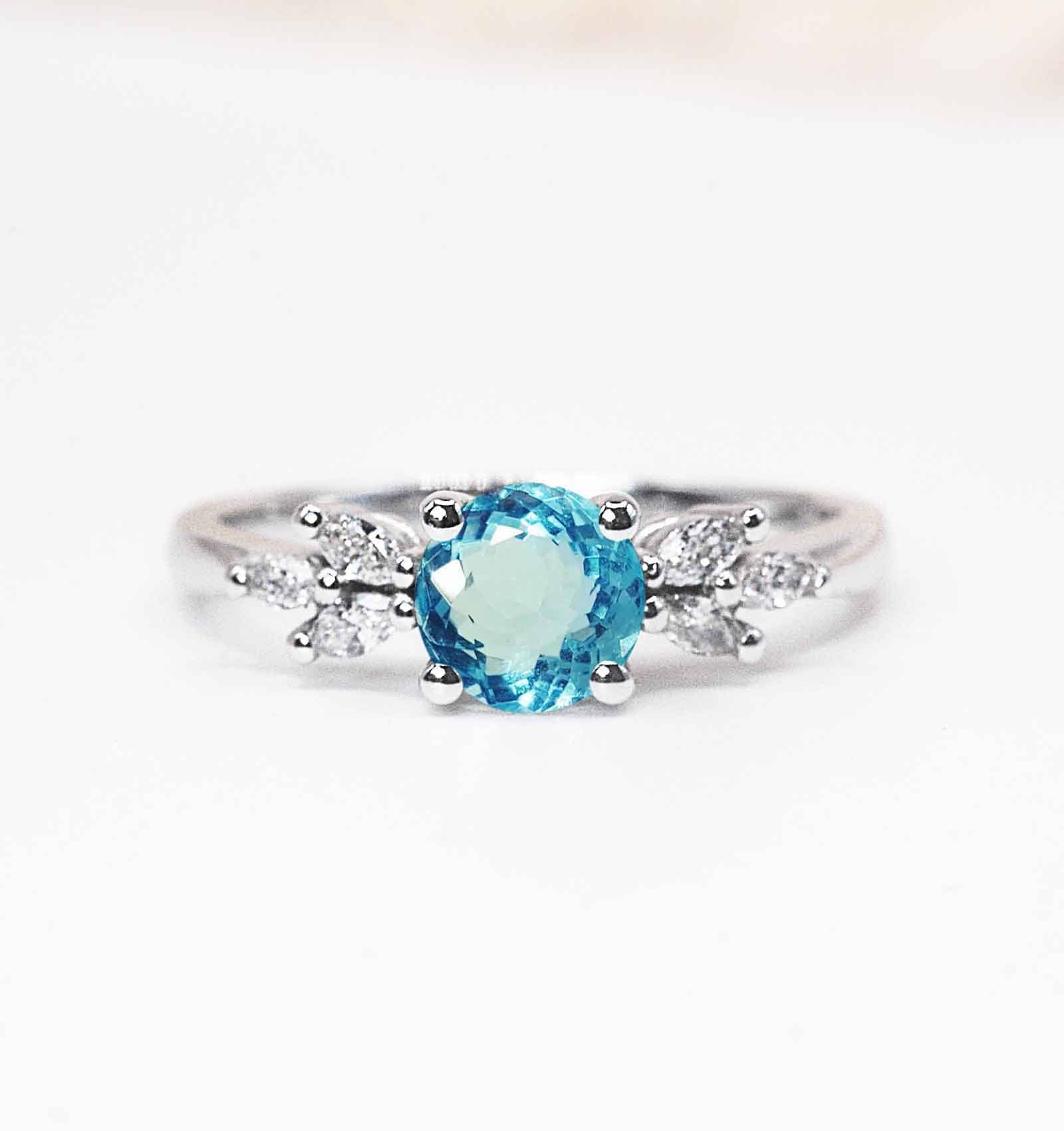 Aquamarine Featuring Engagement Ring | Round Aquamarine & Diamond Art Deco Solid White/Yellow/Rose Gold Stylish Anniversary