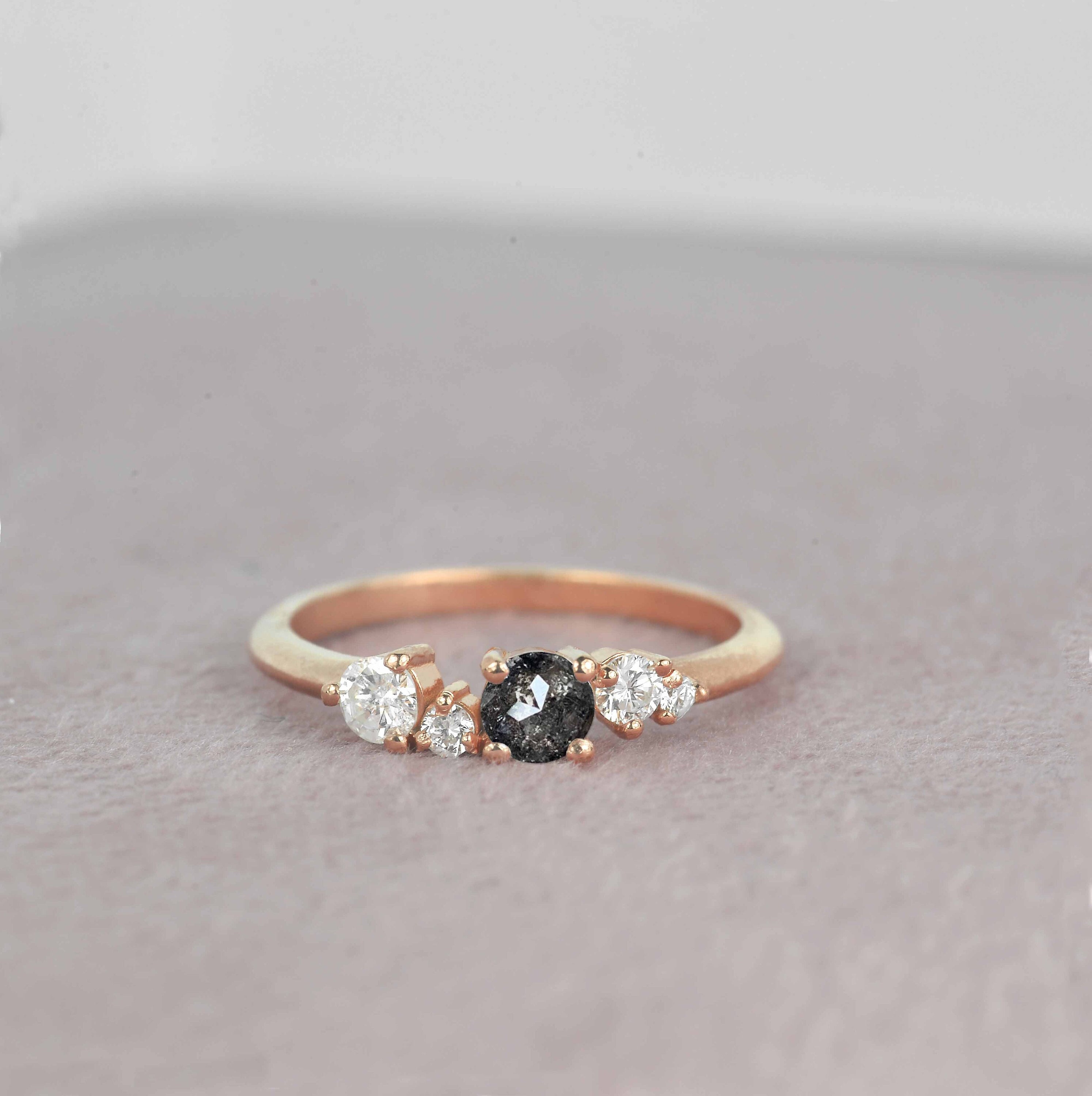 4mm Round Salt & Pepper Diamond Engagement Ring | Wedding Vintage 9K/14K/18K Rose Gold, Platinum