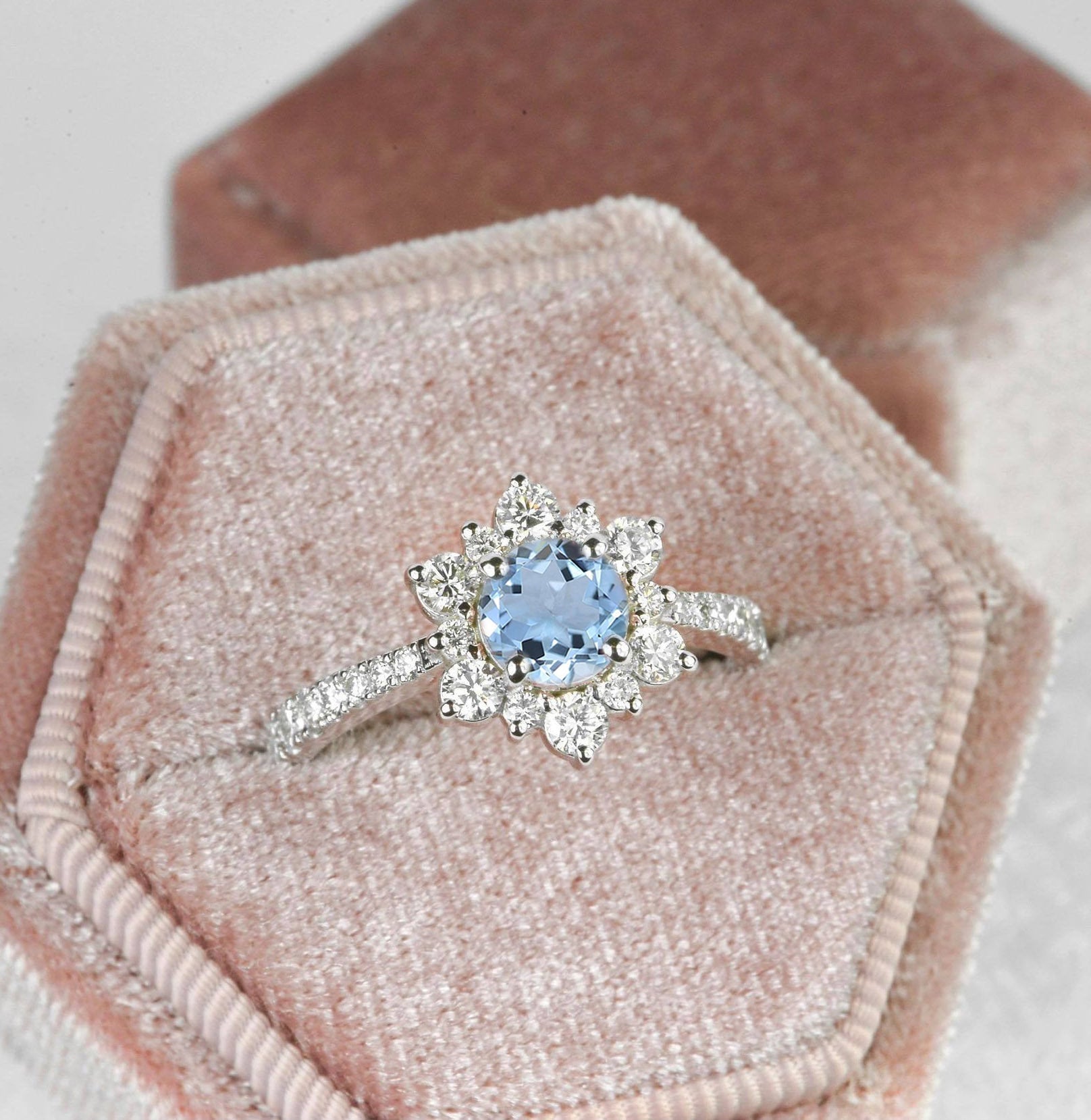 Aquamarine Engagement Ring | Diamond Cluster White Gold Vintage Ring Halo Anniversary Unique Bridal