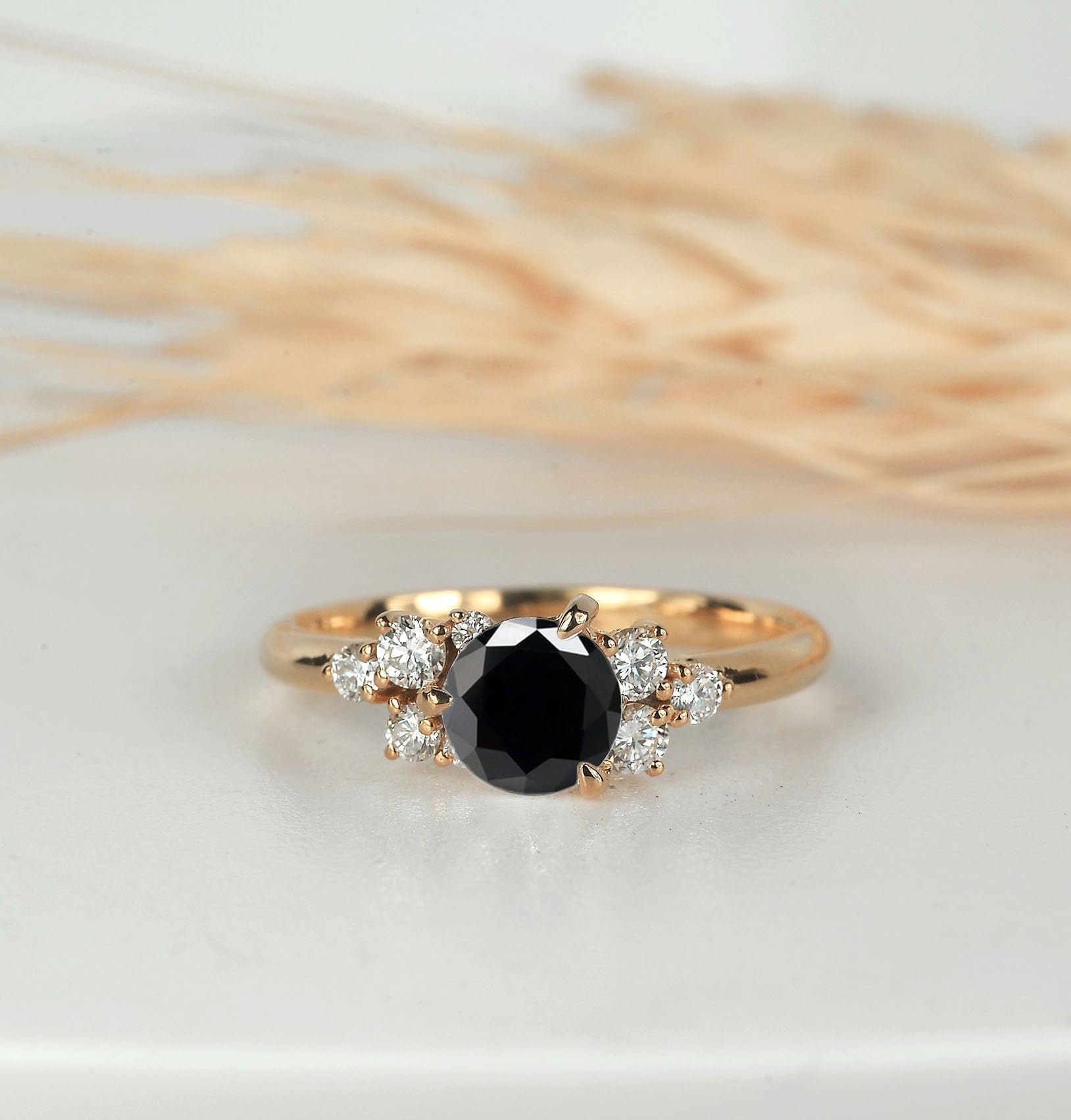 Black Diamond Engagement Ring | Dark Cluster Rose Gold Vintage Natural Anniversary Unique Bridal