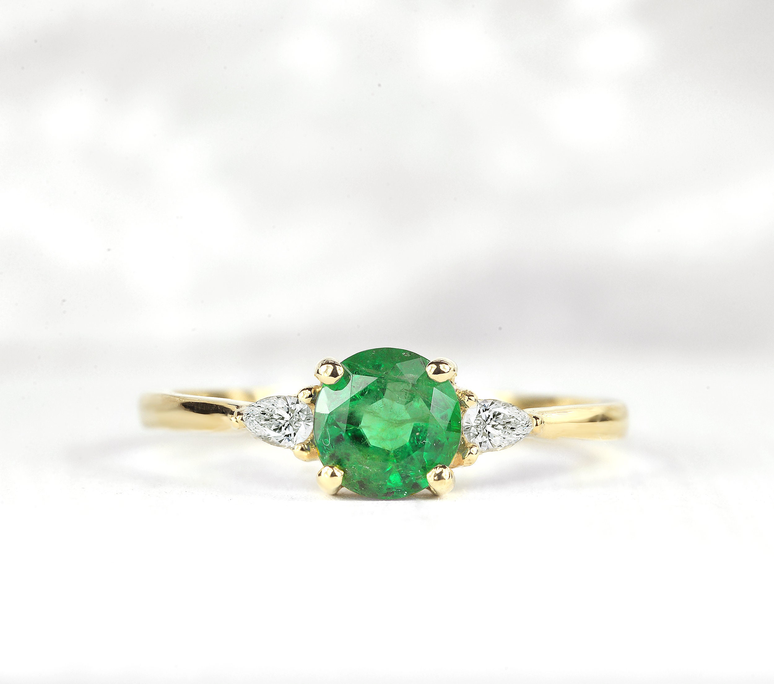 Emerald Engagement Ring, Emerald & Diamond Delicate Round Pear Free Shipping