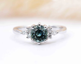 Natural teal sapphire and diamond ring | Natural sapphire featuring art deco ring | solid white gold celebrity ring | Vintage stylish ring