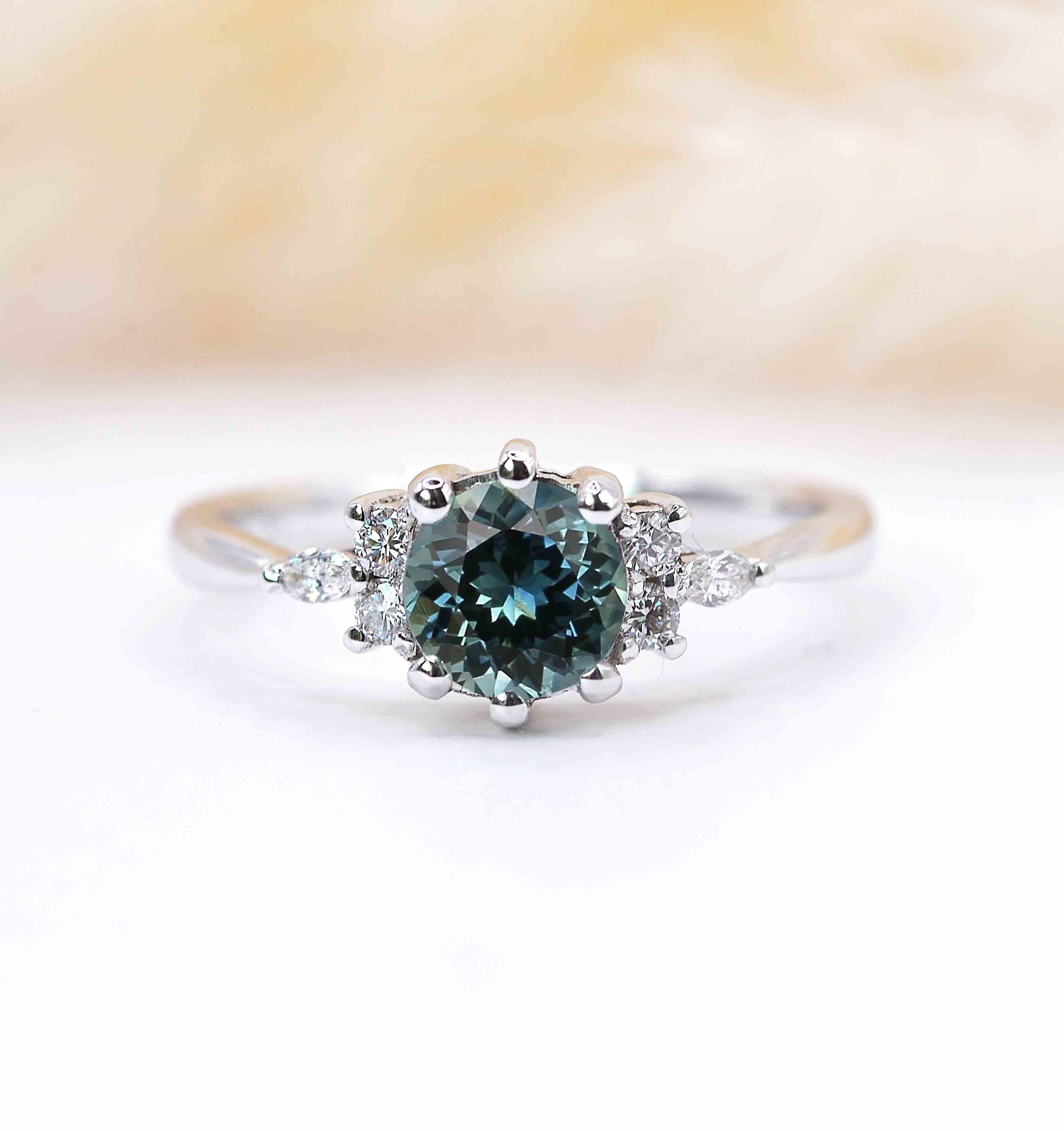 Natural Teal Sapphire & Diamond Ring | Featuring Art Deco Solid White Gold Celebrity Vintage Stylish