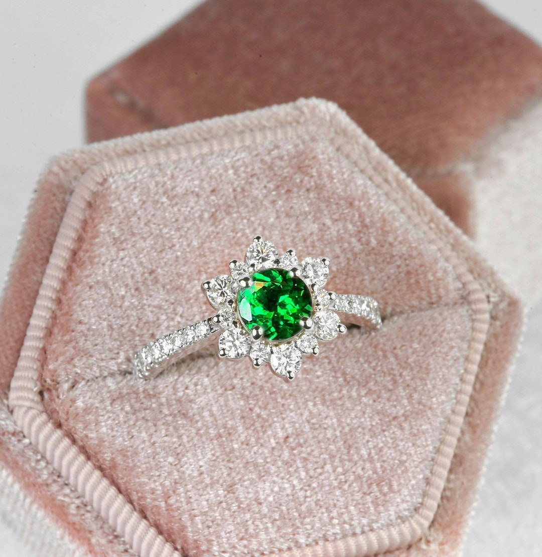Tsavorite Engagement Ring | Tsavorite and Diamond Cluster Ring | White ...