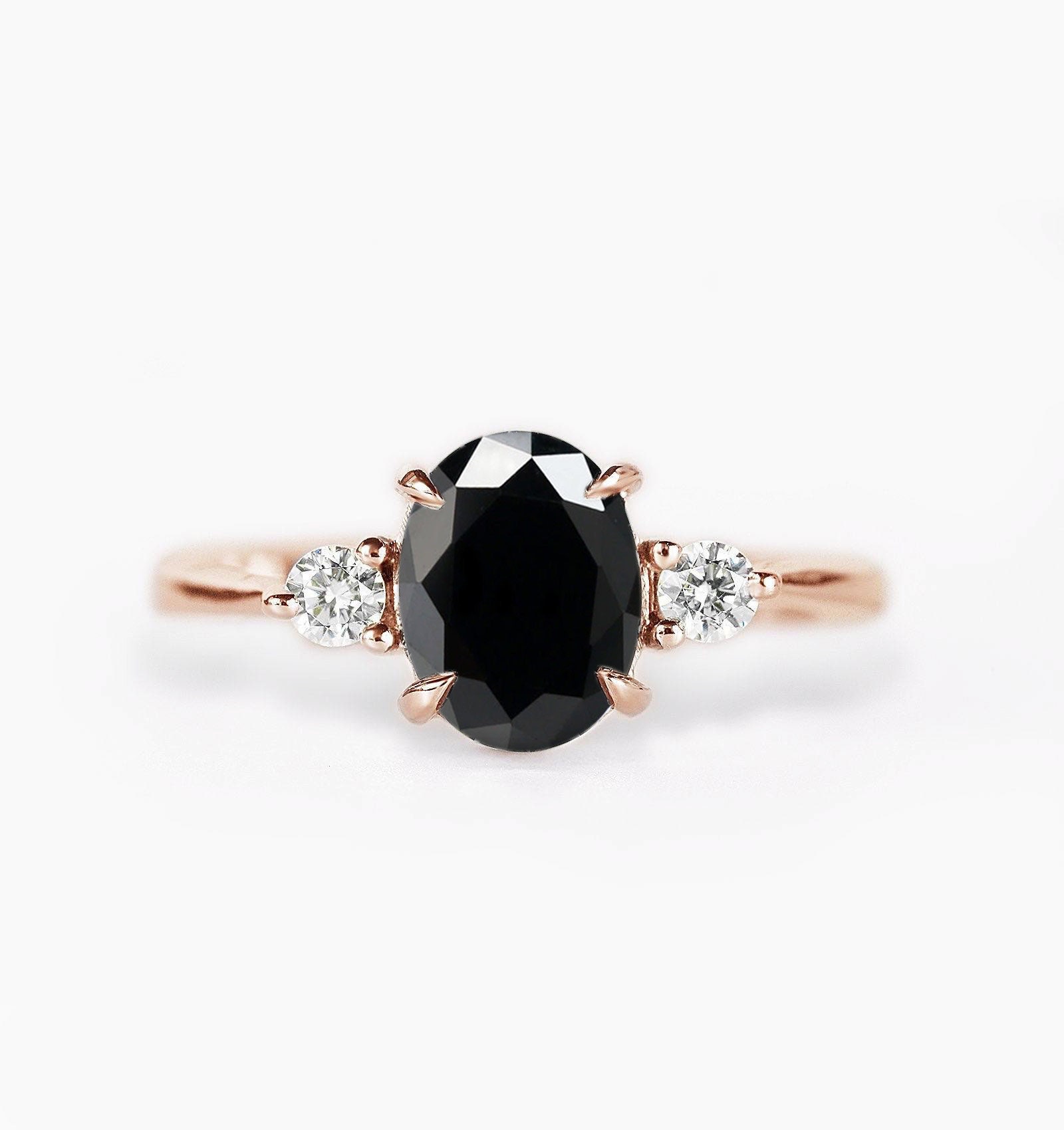 Oval Black Diamond Engagement Ring | 9K/14K/18K Rose Gold Alternative Vintage Three Stones For Her