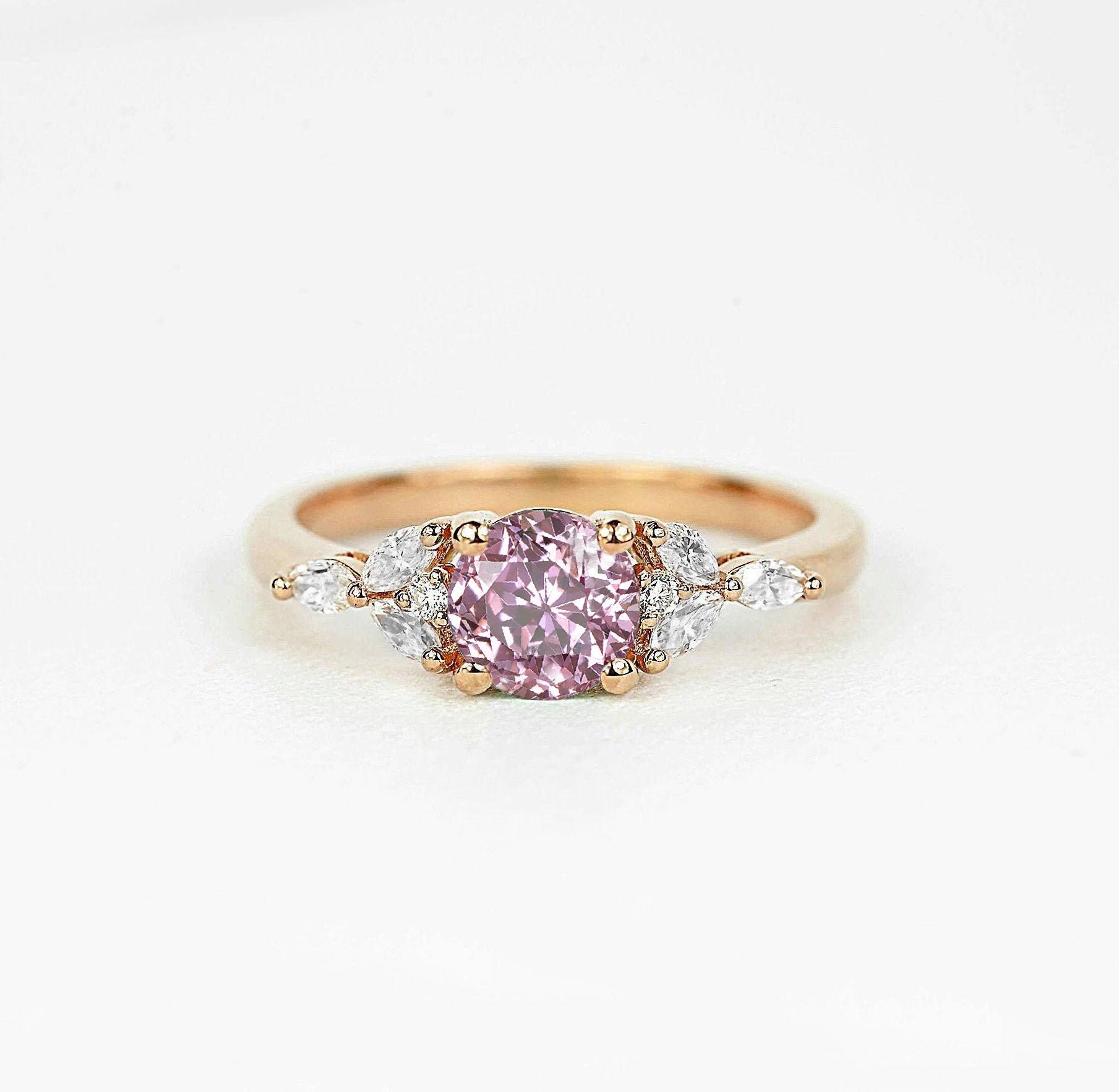 Round Light Pink Sapphire & Marquise Diamond Engagement Ring | Dainty Bridal Promise Art Deco Bespoke Ring For Her