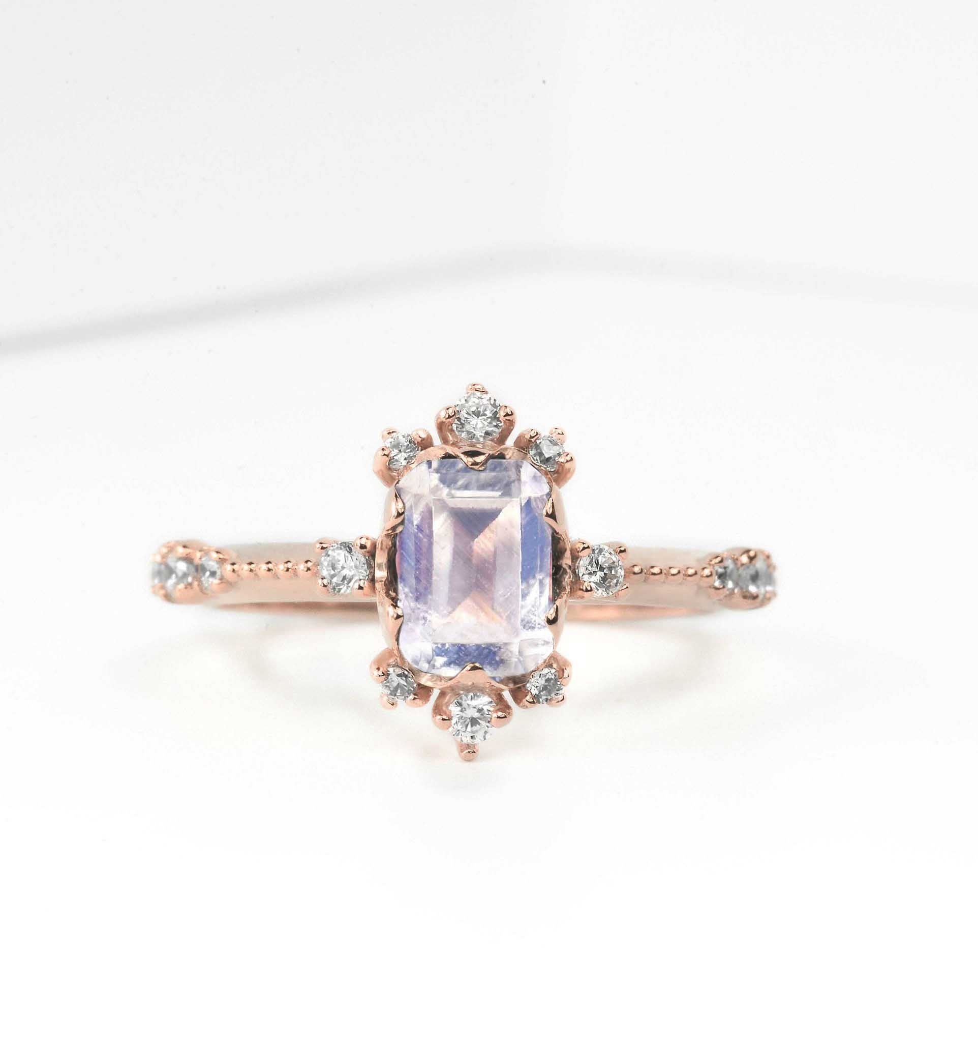 Emerald Cut 1.5Ct Natural Moonstone Engagement Ring | 14K, 18K Gold Genuine Diamond Bespoke Rose For Her