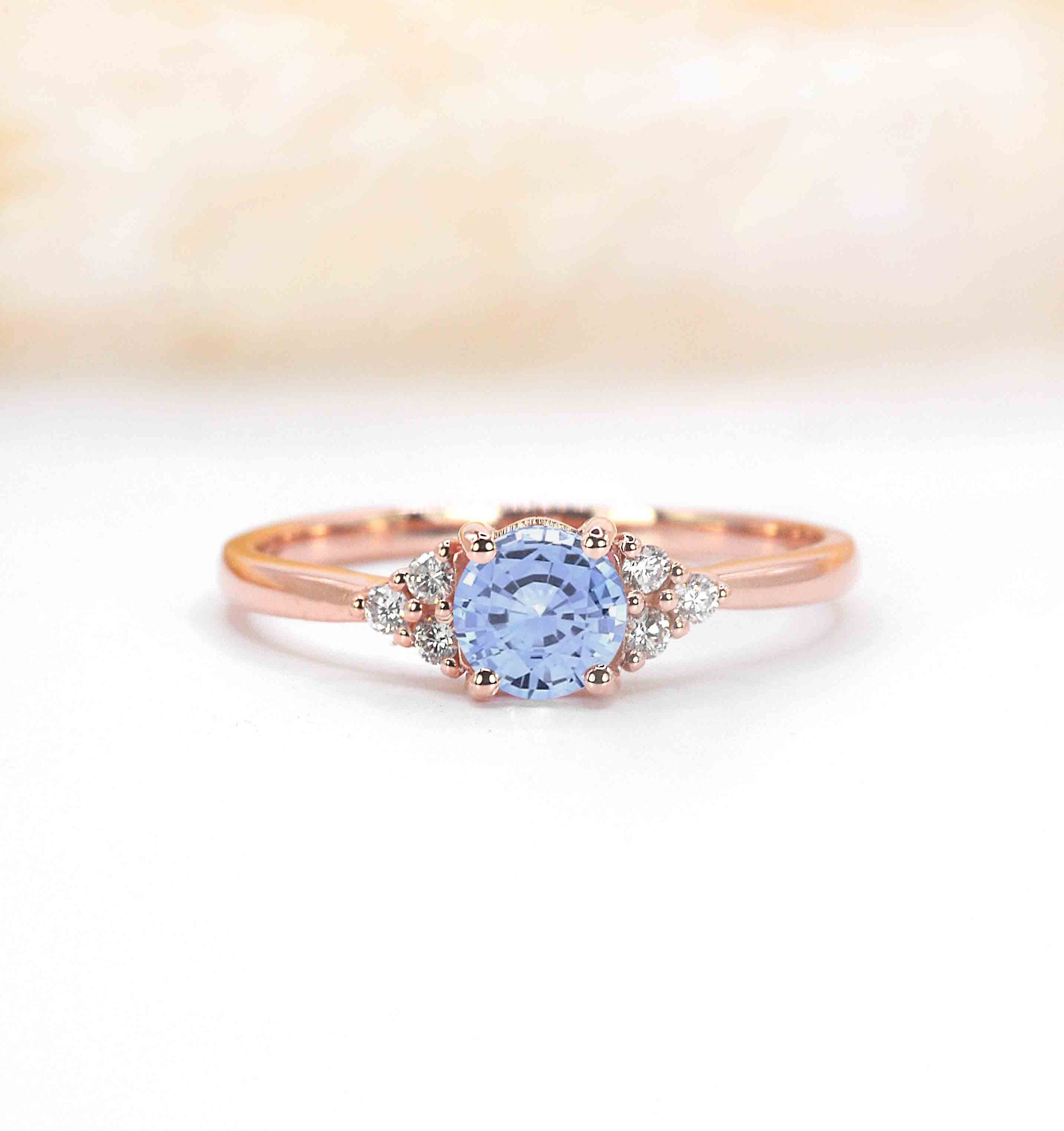 Round Aquamarine Cluster Engagement Ring | Art Deco & Diamond Solid Rose, Yellow, White Gold Or Platinum Handmade