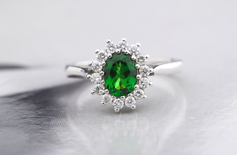 Tsavorite Ring in 950 platinum-Tsavorite Engagement Ring-Diana Ring-Tsavorite Diamond Cluster Ring-Diamond Engagement ring-FREE SHIPPING image 1