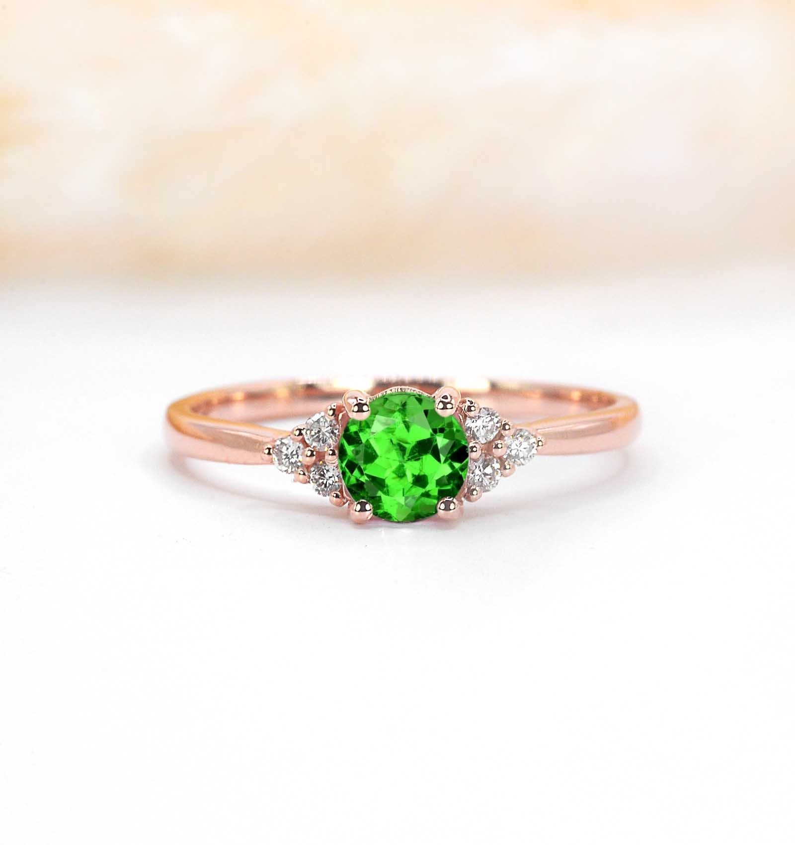 Natural Green Tsavorite & Diamond Engagement Ring | Art Deco Solid Rose, Yellow, White Gold Or Platinum Handmade