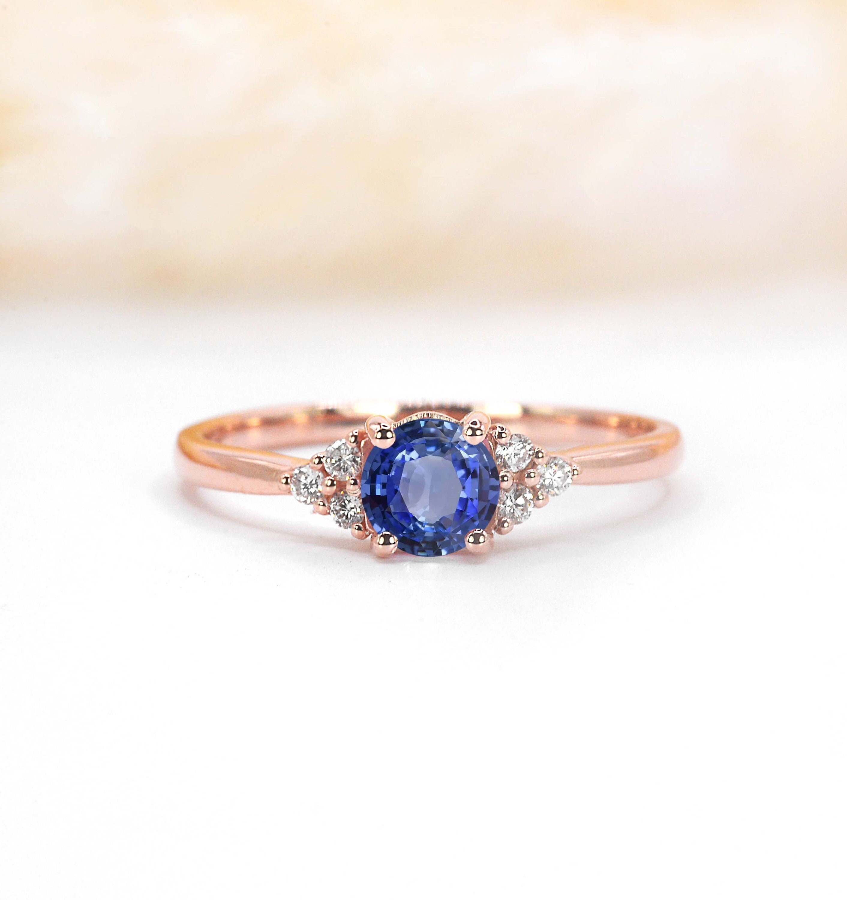 Natural Round Blue Sapphire Engagement Ring | Art Deco & Diamond Solid Rose, Yellow, White Gold Or Platinum Handmade
