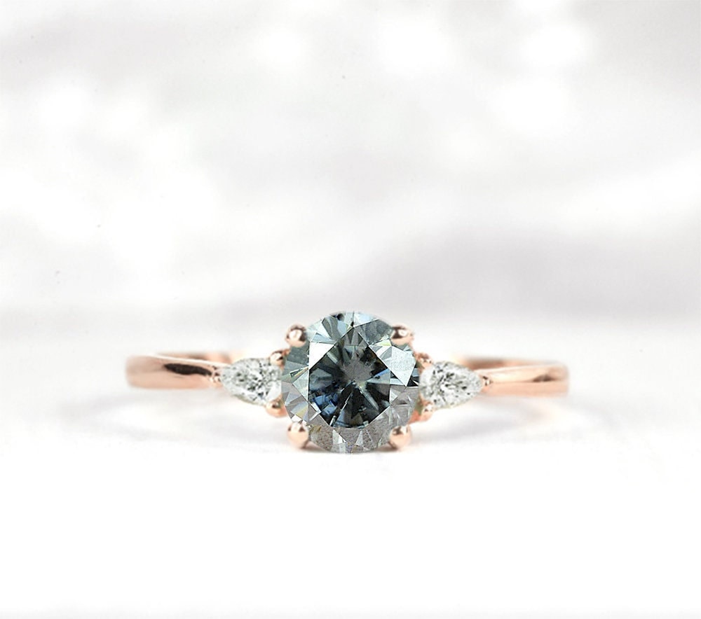 Round Grey Moissanite & Pear Diamond Engagement Ring | Wedding Bridal Promise Bespoke 9K/14K/18K Rose Gold For Her