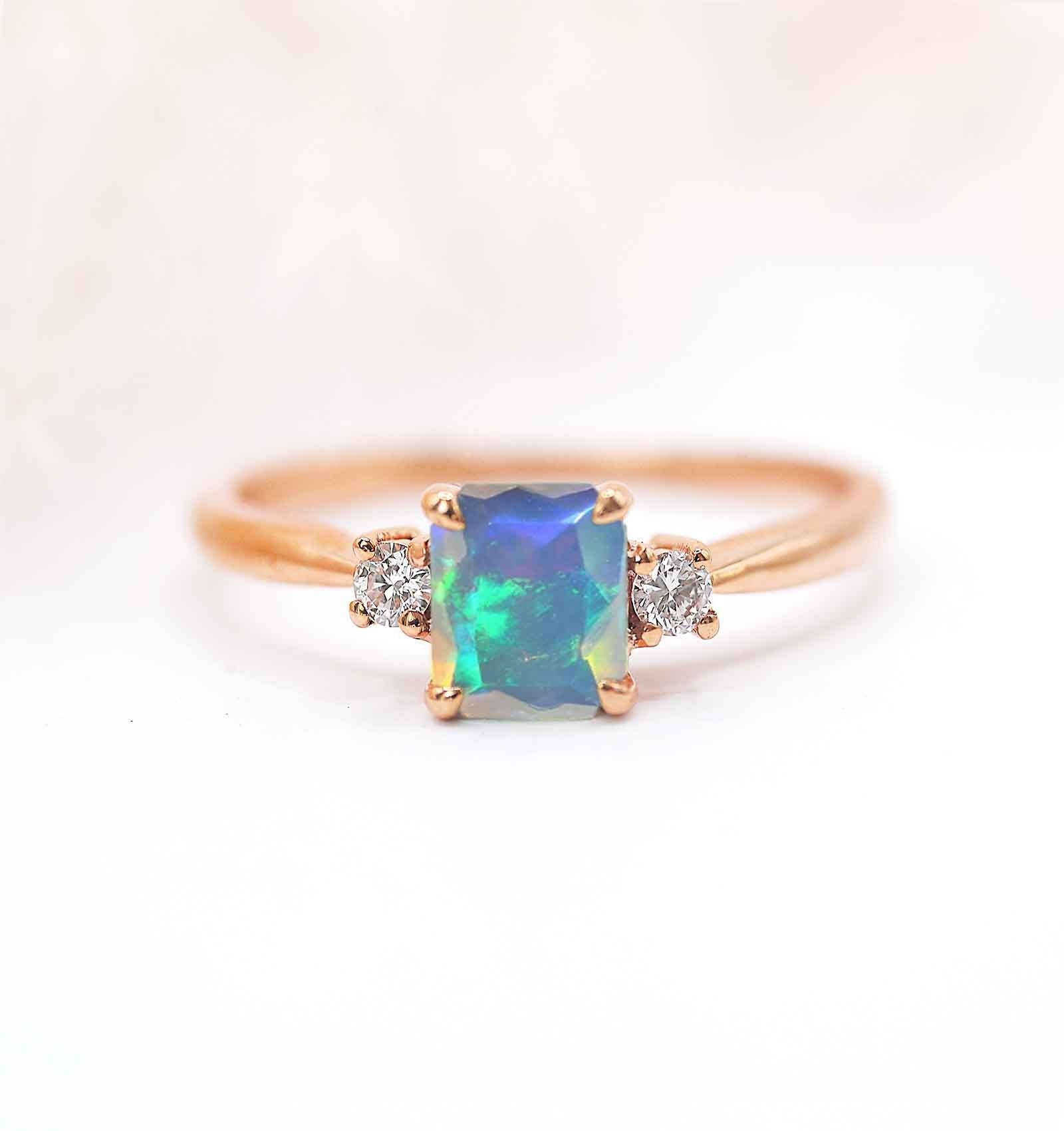 Radiant Cut White Opal & Diamond Vintage Ring | Radiant Delicate Engagement Unique Rose For Love