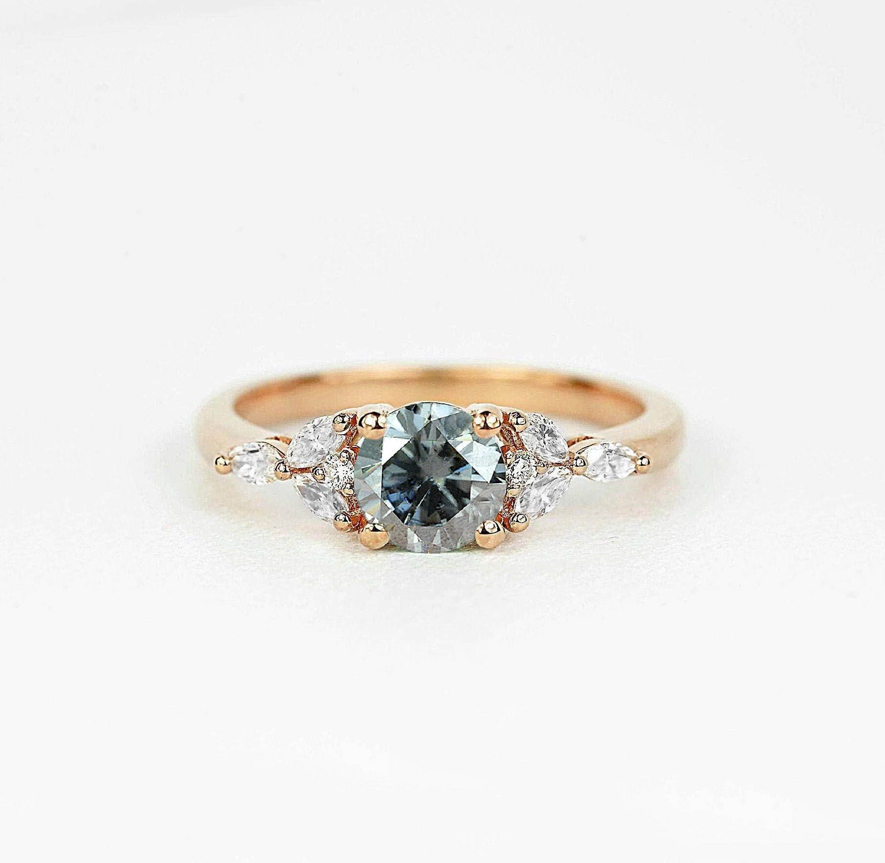 Round Grey Moissanite & Marquise Diamond Engagement Ring | Dainty Bridal Promise Art Deco Bespoke Vintage Ring