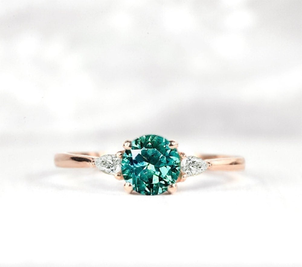 Round Tourmaline & Pear Diamond Engagement Ring | Wedding Bridal Promise Dainty Bespoke 9K/14K/18K Rose Gold For Her