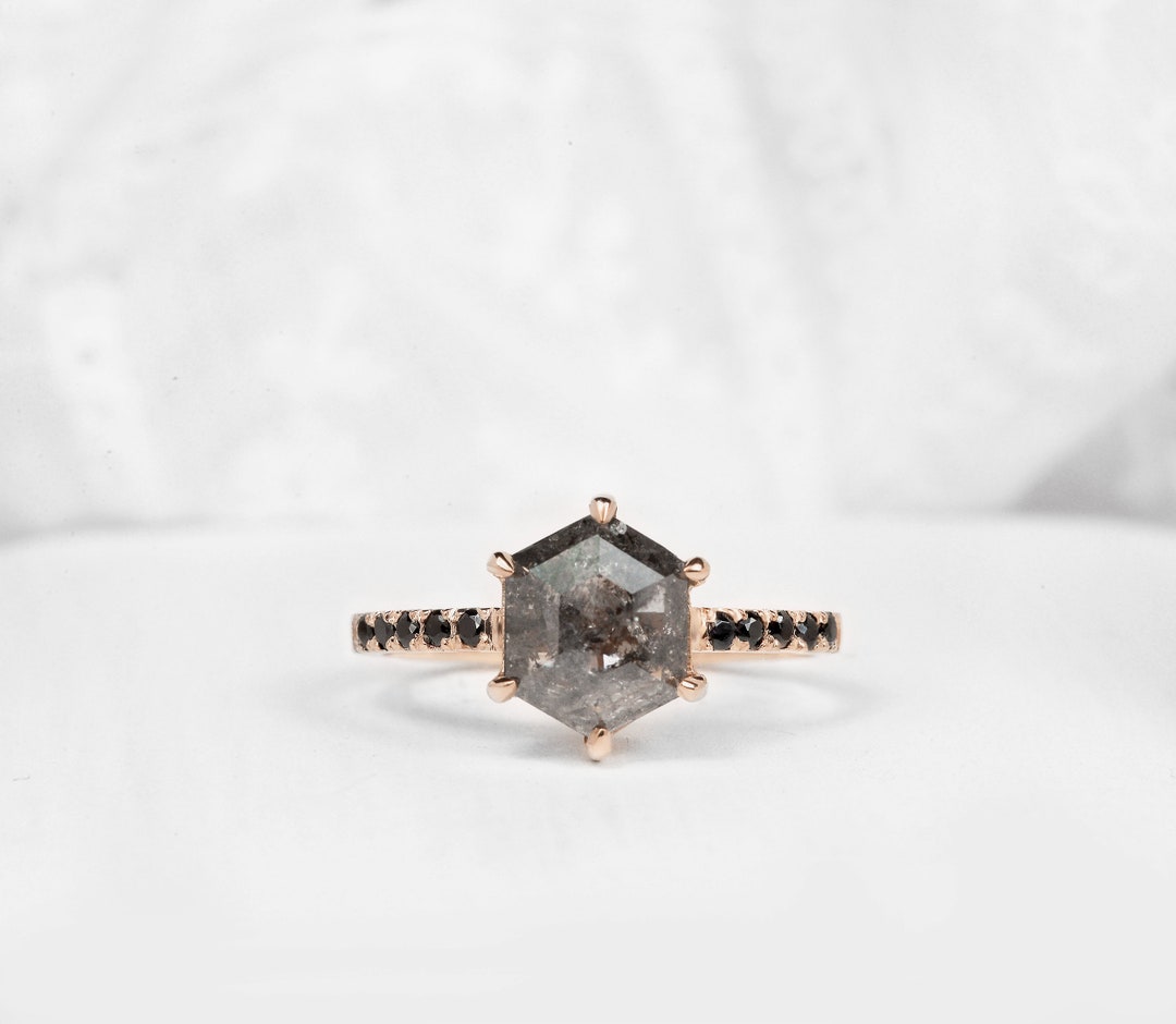 Salt and Pepper Diamond Engagement Ring, Black Diamond Ring, Hexagon