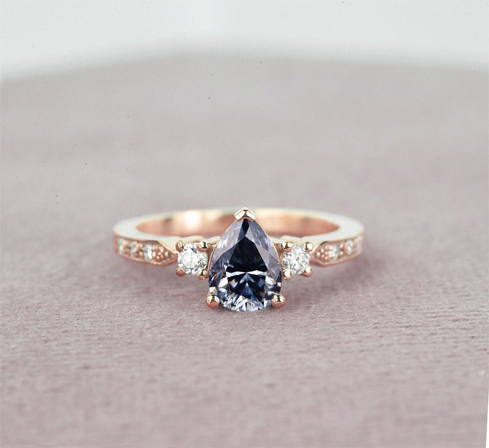 Pear Shaped Grey Moissanite Engagement Ring | Round Diamond 9K/14K/18K Rose Gold Rustic Ring For Her